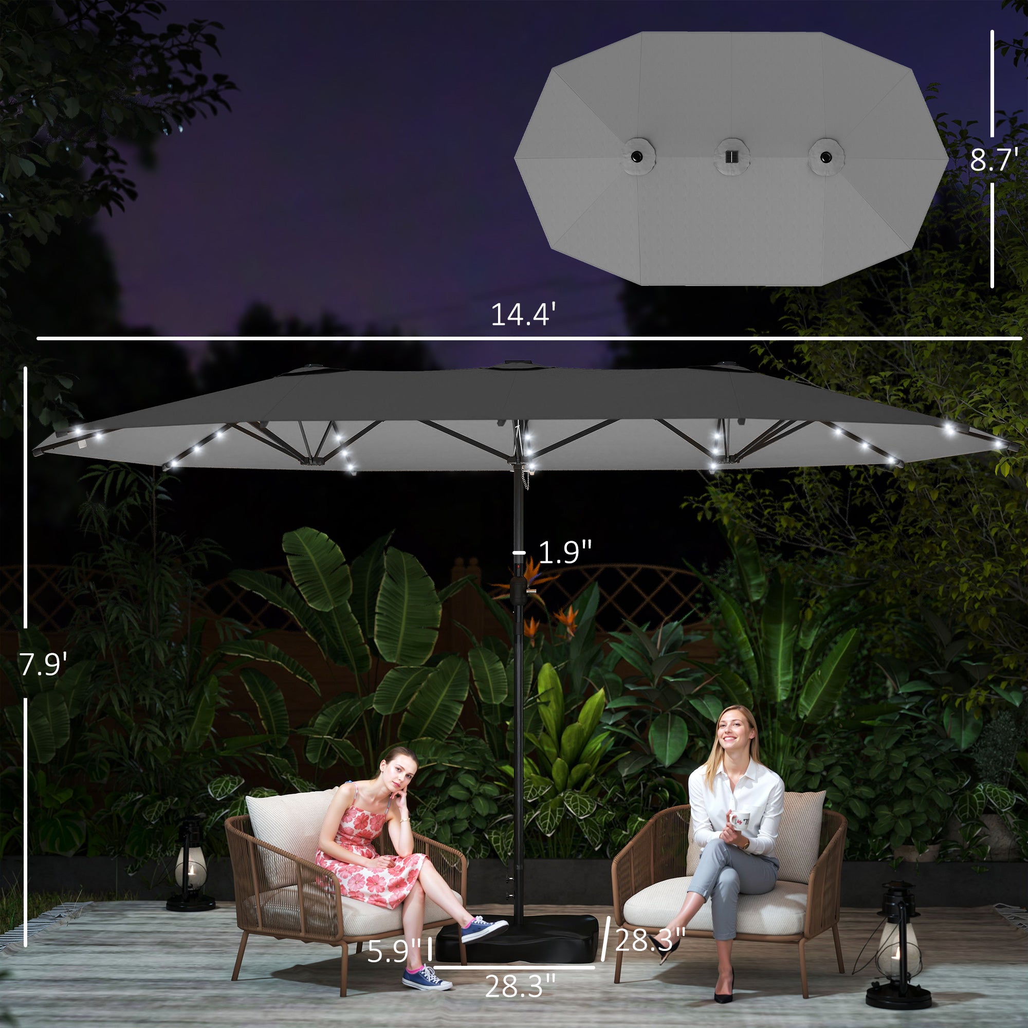 Garden Parasol 14.4ft Double-Sided Sun Umbrella with Base, Patio Parasol with LED Solar Lights, Gray
