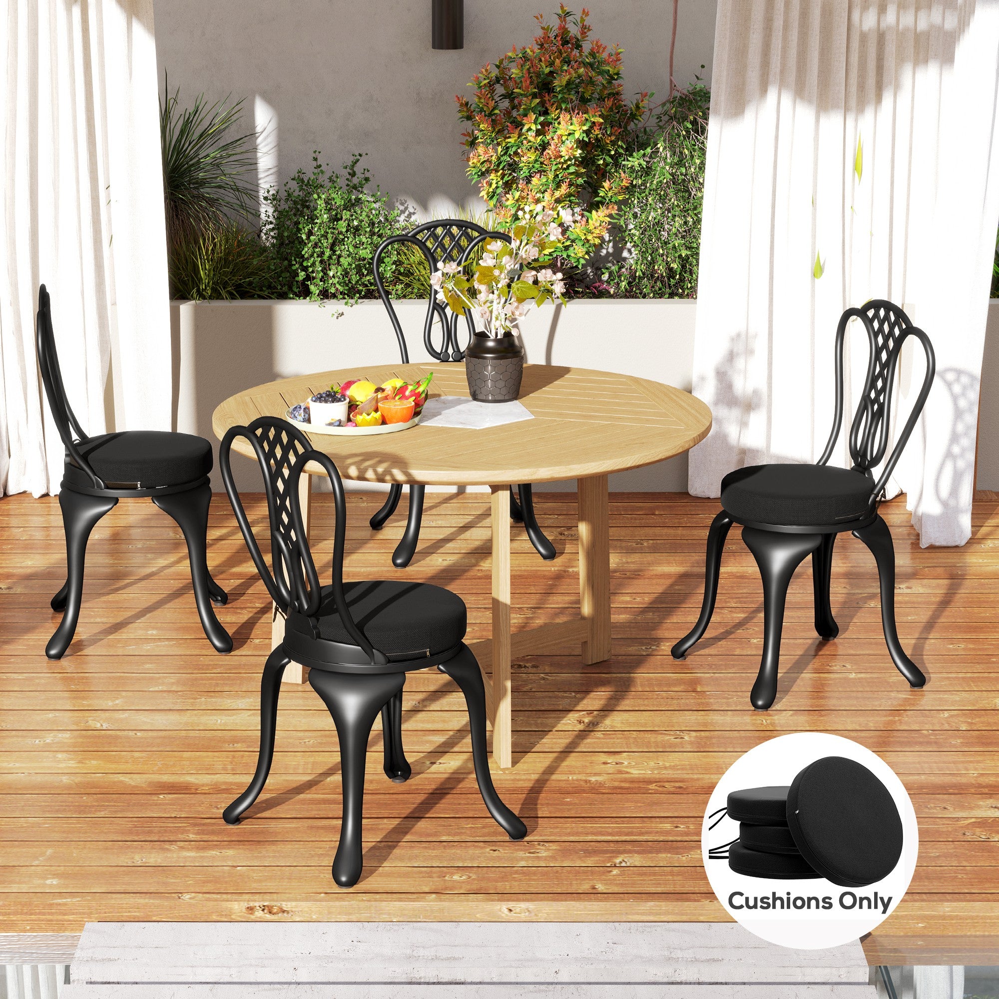 Patio Chair Cushions Set of 4 Round Seat Cushions for Dining Bistro Chairs Machine Washable, 15" x 15" x 3", Black