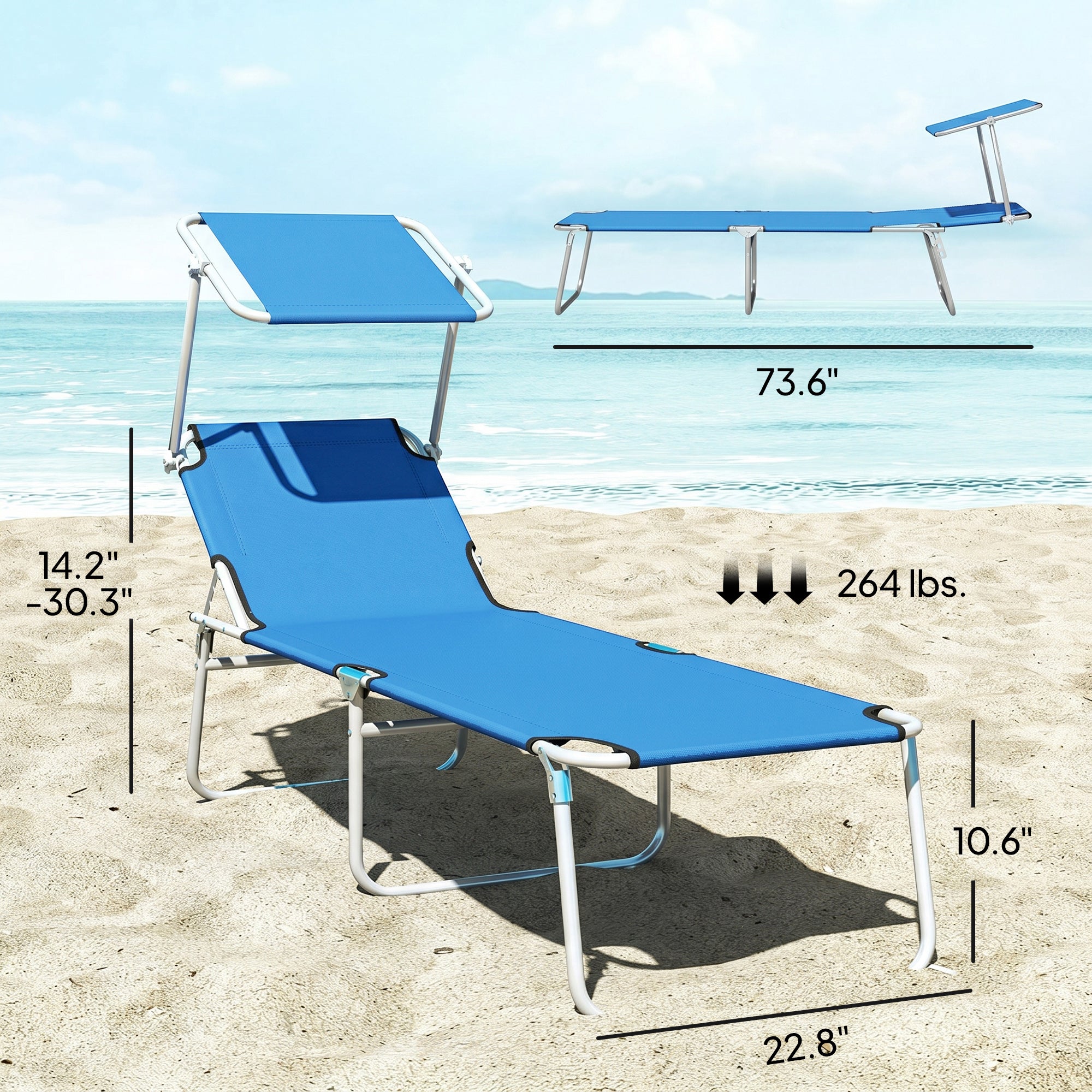 Outdoor Pool Chaise Lounge Chair, Folding Tanning Chair with Sun Shade, Blue