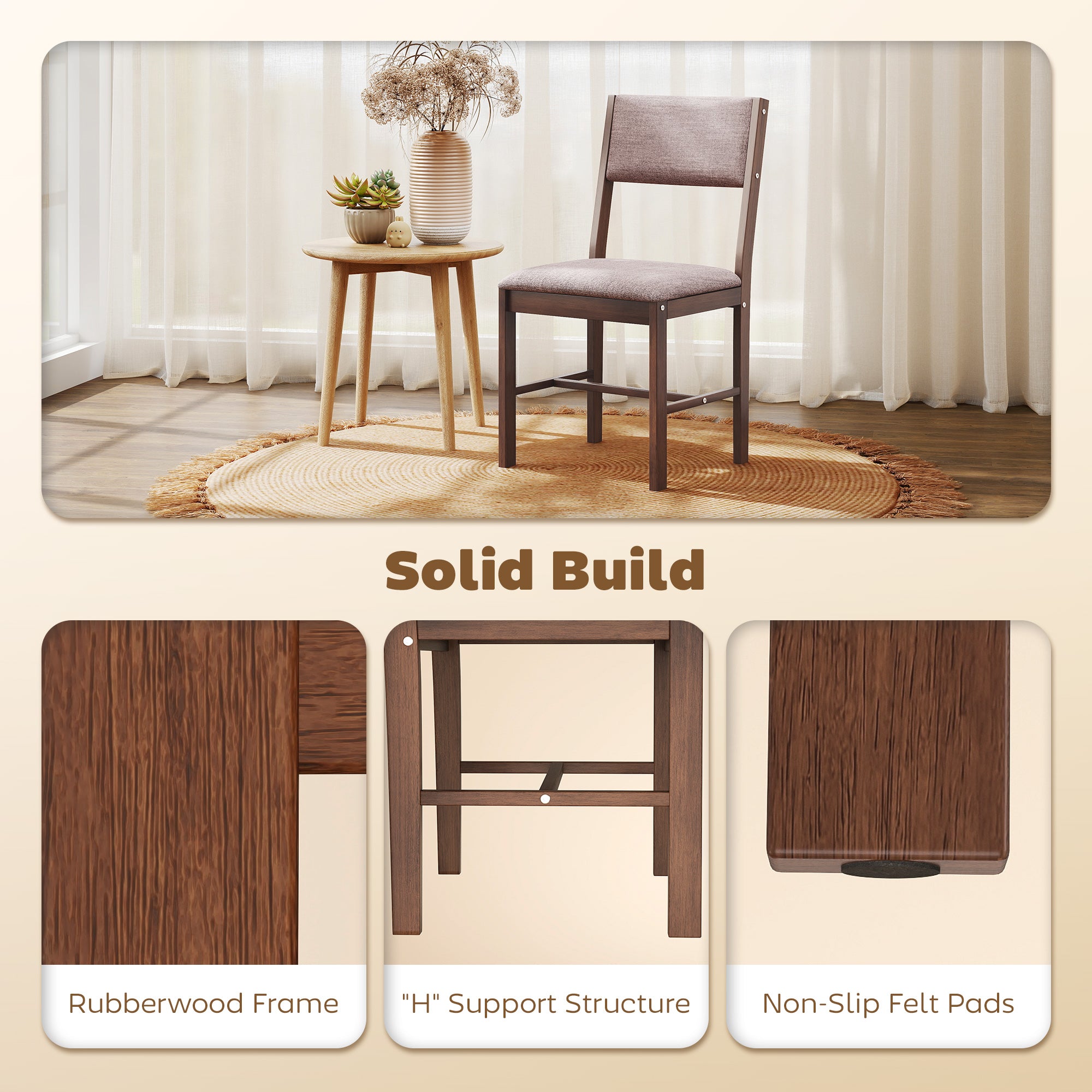 Modern Dining Chairs Set of 4, Linen Fabric Kitchen Chairs with Rubberwood Legs for Dining Room, Living Room, Brown