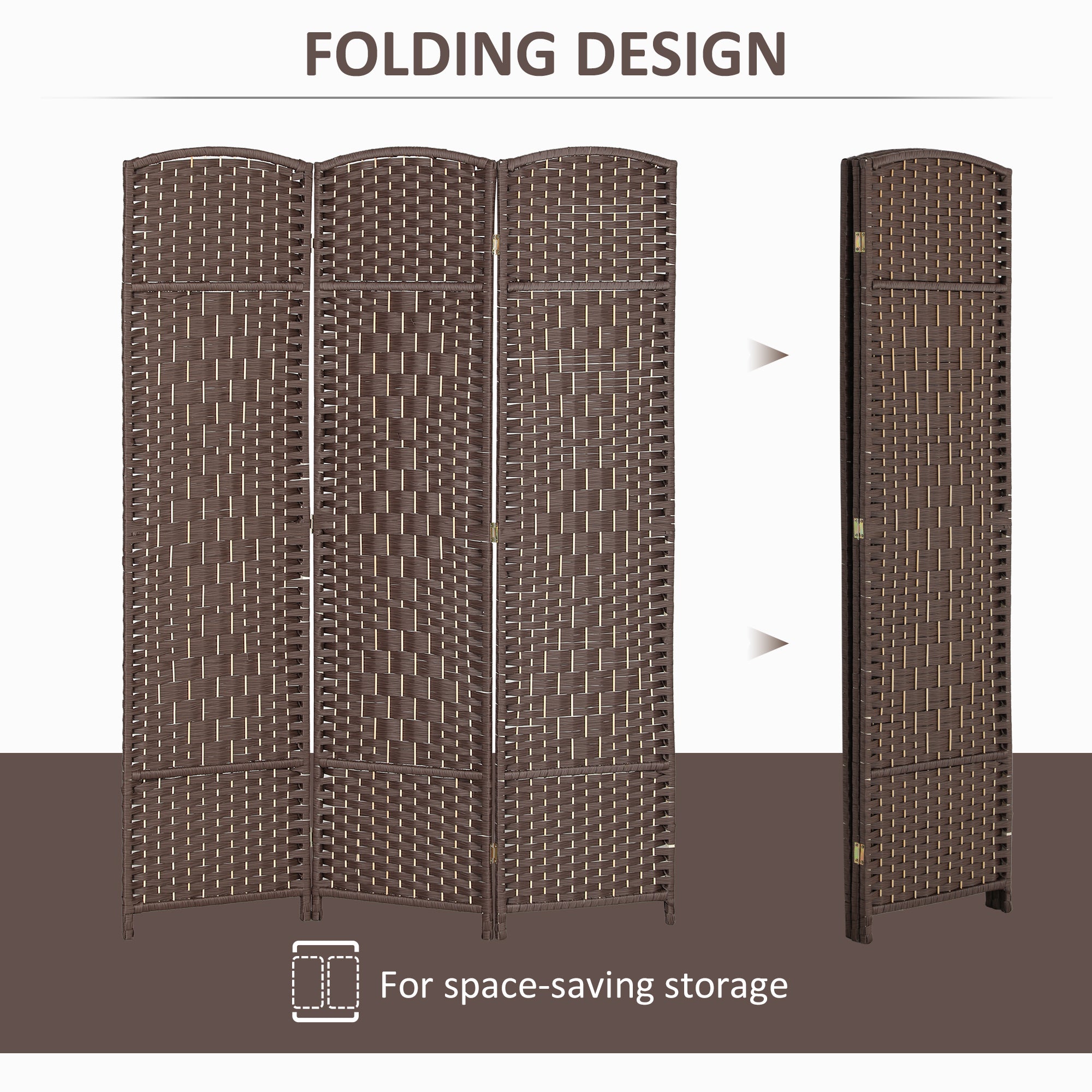 Folding Room Divider Screen 3 Panel 6' Tall Privacy Screen Freestanding Wood Partition for Home Office, Brown