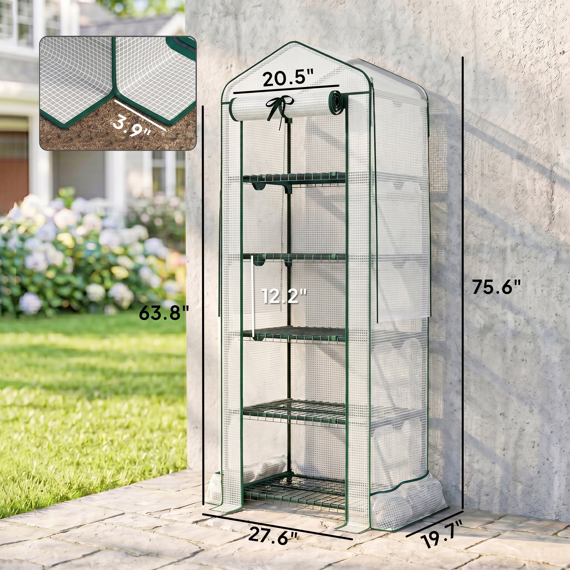 Mini Greenhouse with Screen Roof, 5 Tier Portable Small Greenhouse with High Strength PE Cover, White