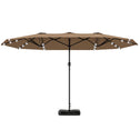 Garden Parasol 14.4 ft. Double-Sided Sun Umbrella with Base, Patio Parasol with LED Solar Lights, Khaki