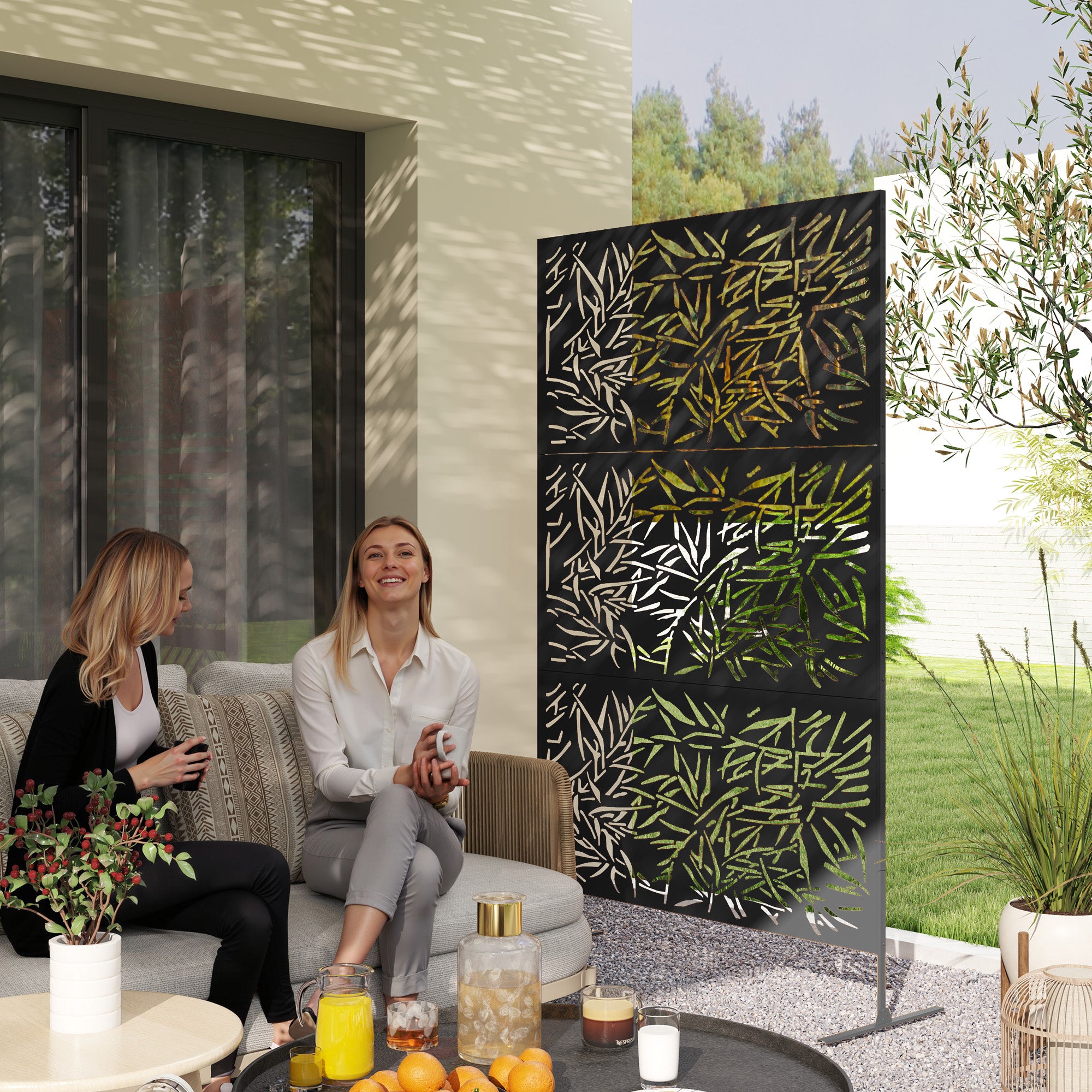 Decorative Privacy Fence Screen, Metal Outdoor Privacy Screen Climbing Plant Trellis with Stand, Bamboo Black