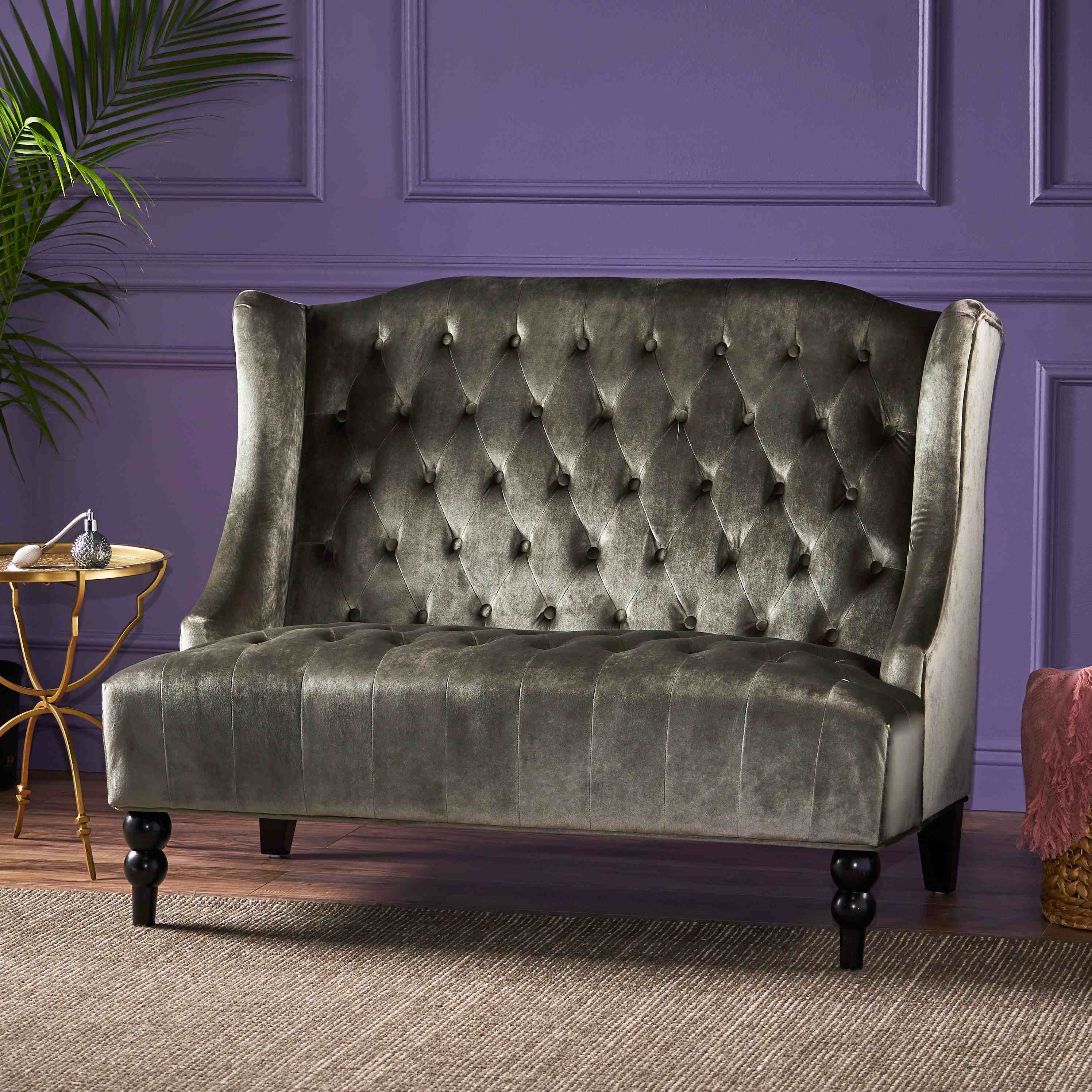 Modern Glam Loveseat Sofa with Velvet Upholstery, Wingback Design, Button-Tufted Diamond Stitch, 50.50" W x 34.00" D x 38.50" H, Gray