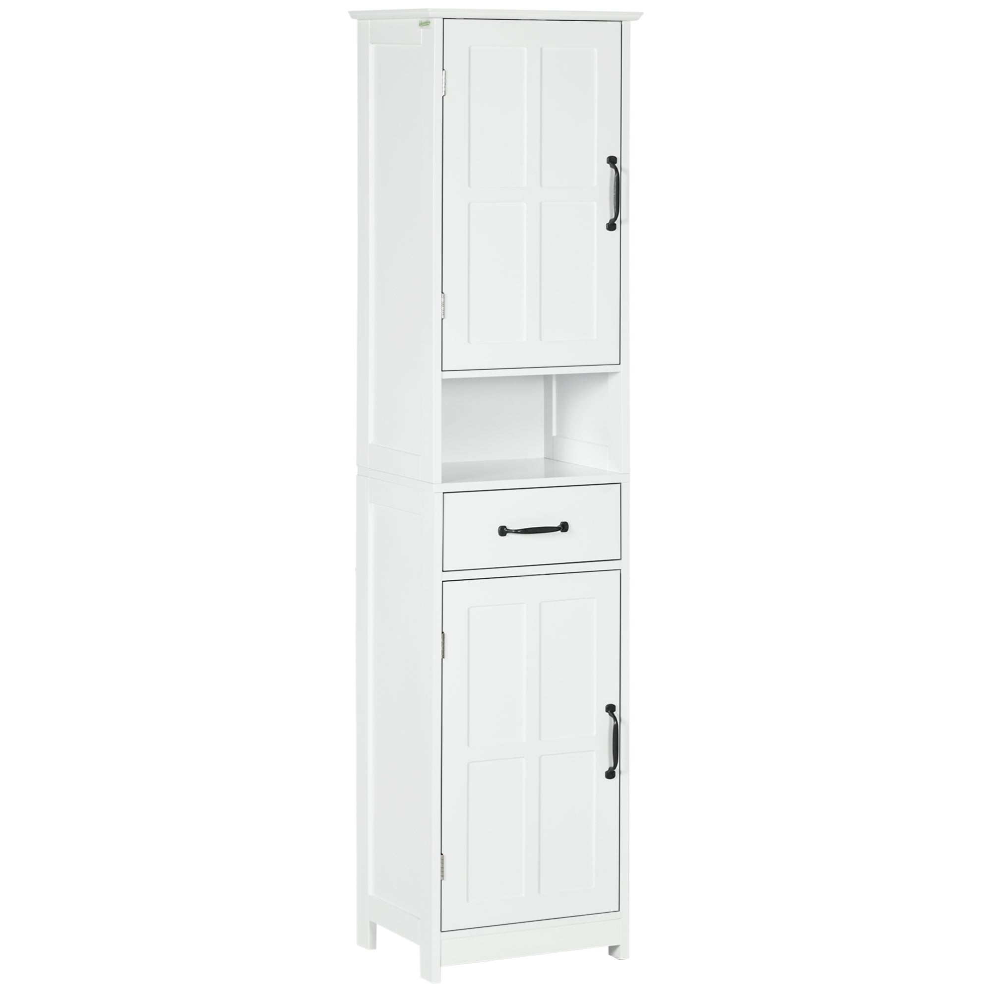 Modern Bathroom Cabinet, Narrow Storage Cabinet with Open Shelf, Drawer, Recessed Doors and Adjustable Shelves, White