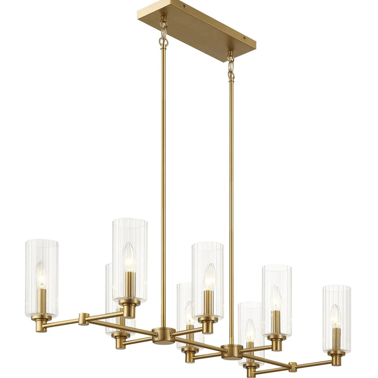 Willow 8-Light Island Pendant Lamp with Clear Ribbed Glass, Satin Brass Finish, 36" L x 15" W x 9" H, Antique Brass+Clear