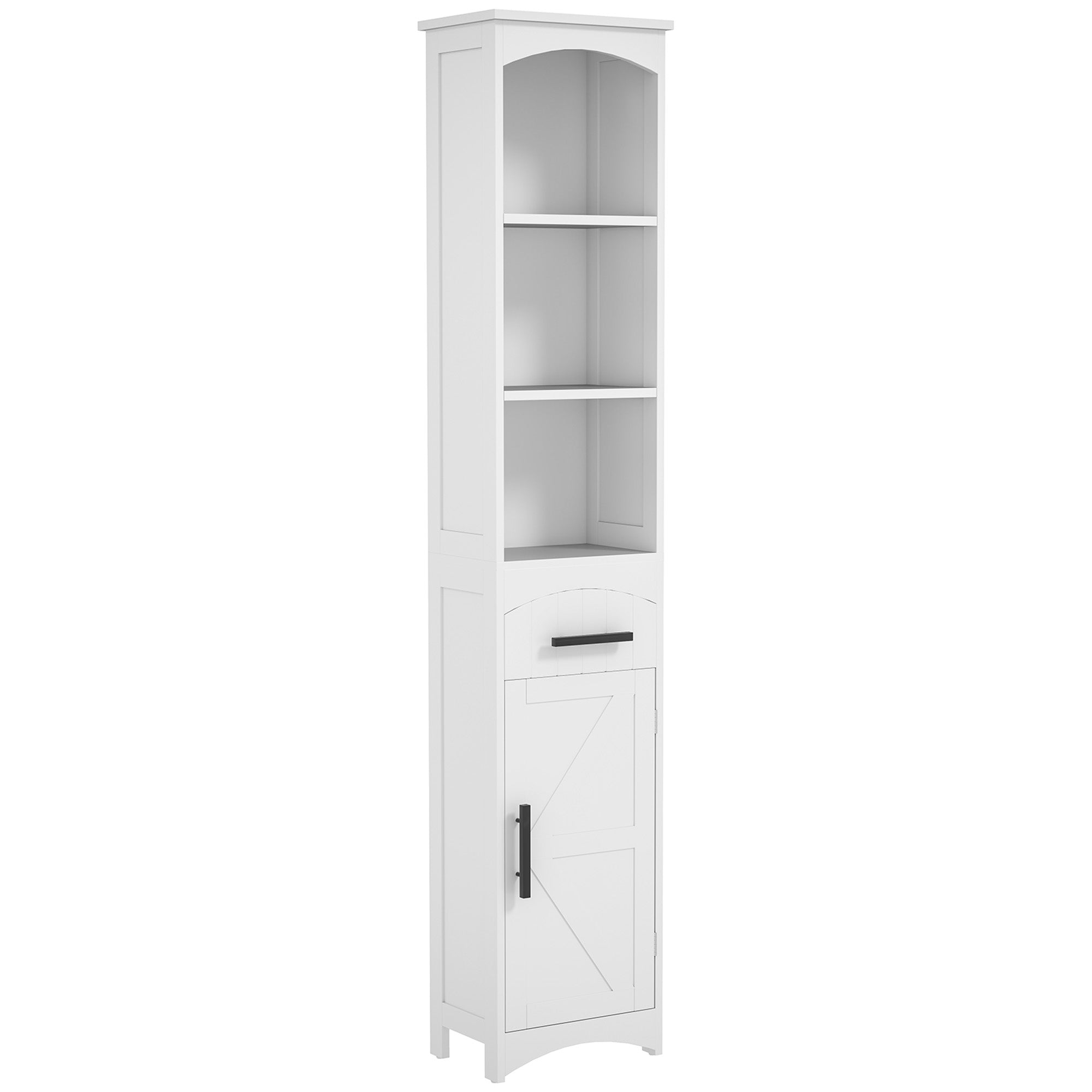 Farmhouse Tall Slim Bathroom Storage Cabinet with Recessed Drawer, Narrow Cabinet with Barn Door, White