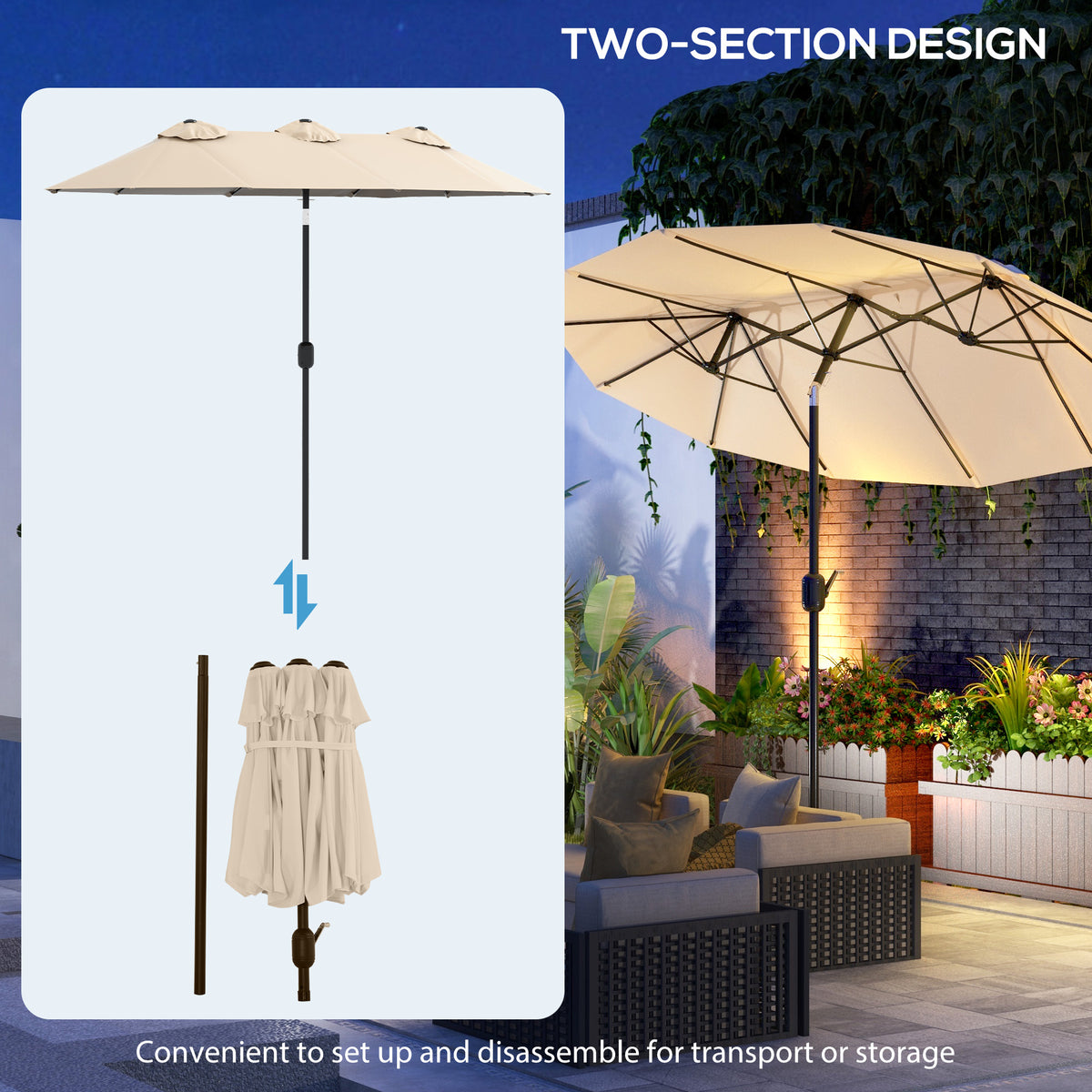 Double Sided Patio Umbrella, 9.7' Large Outdoor Market Umbrella with Push Button Tilt and Crank, 3 Air Vents and 12 Ribs, for Garden, Deck, Pool, Brown