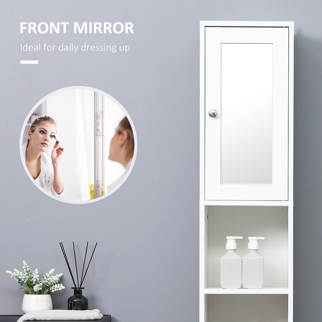 Tall Bathroom Storage Cabinet with Mirror, Wooden Freestanding Tower Cabinet with Adjustable Shelves for Bathroom or Living Room, White