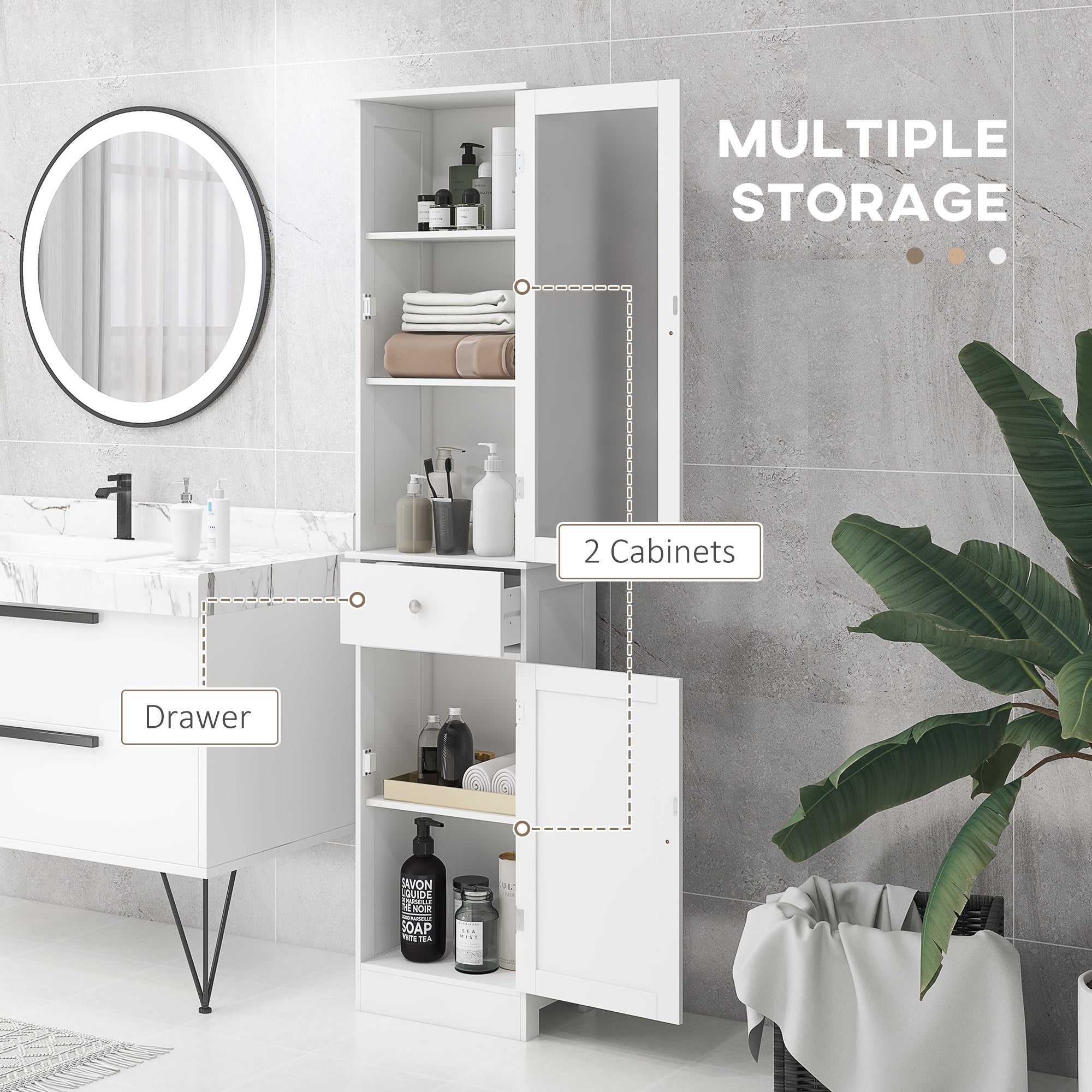 Slim Bathroom Storage Cabinet, Tall Bathroom Cabinet, Narrow Linen Tower with Acrylic Door, Drawer and Shelves, White