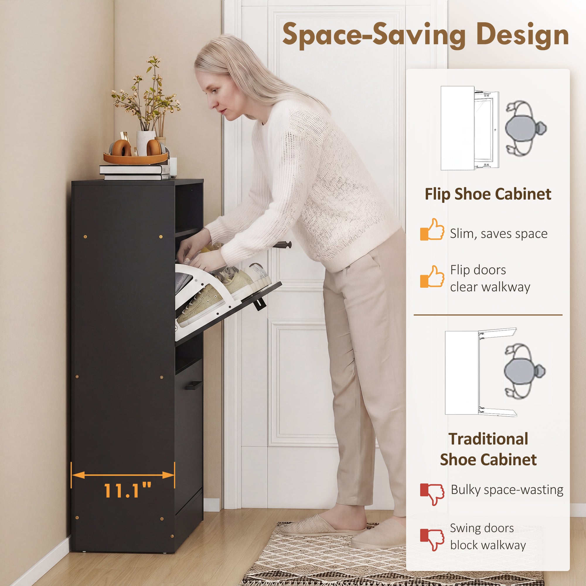 Shoe Cabinet 2 Flip Drawers Adjustable Dividers Shoe Storage Cabinet Top Shelf Entryway Black