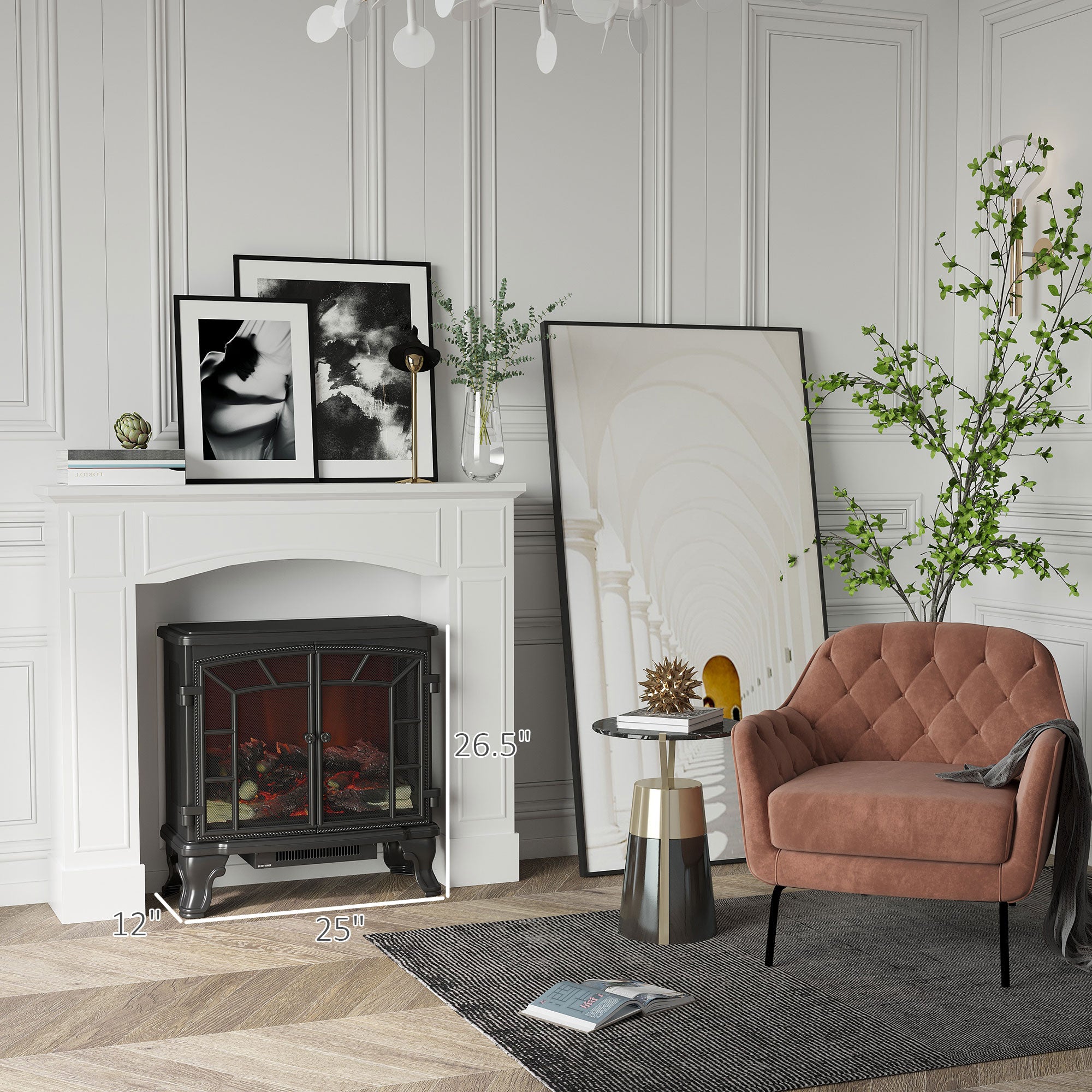 Modern Fireplace Mantel, Surround Mantels for Fireplace with Decorative Pattern Interior Width 29" White