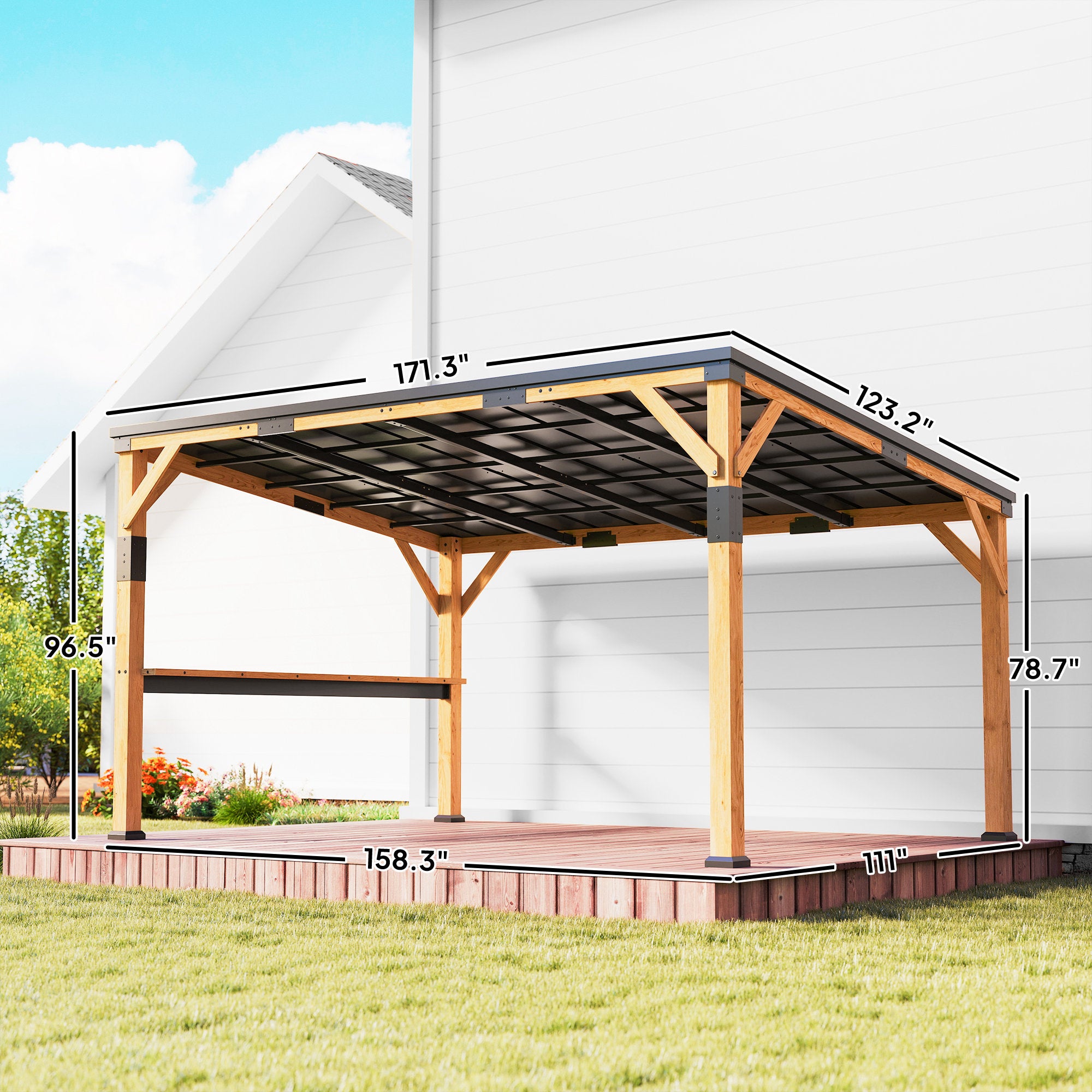 10' x 14' Wooden Gazebo, Hardtop Lean-to Gazebo Pergola with Galvanized Steel Sloped Roof, Bar Shelf, Natural Wood