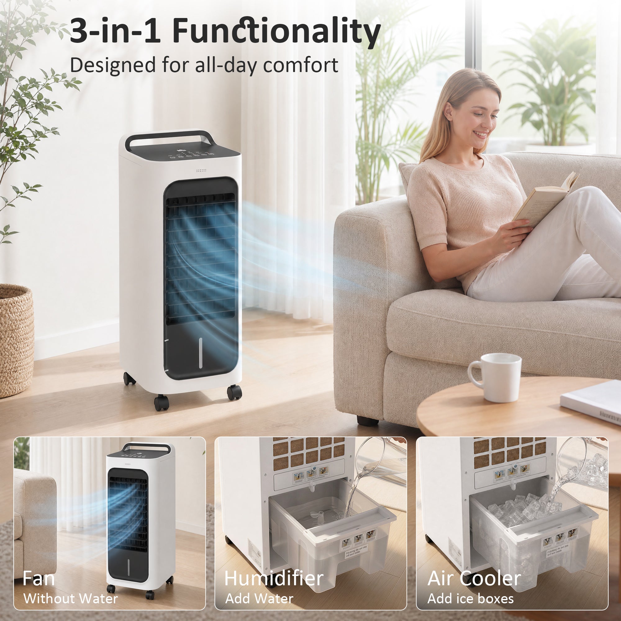 Room Air Cooler with Ice Packs, Ice Cooling Fan Water Humidifier Unit with Remote, Timer, Oscillating