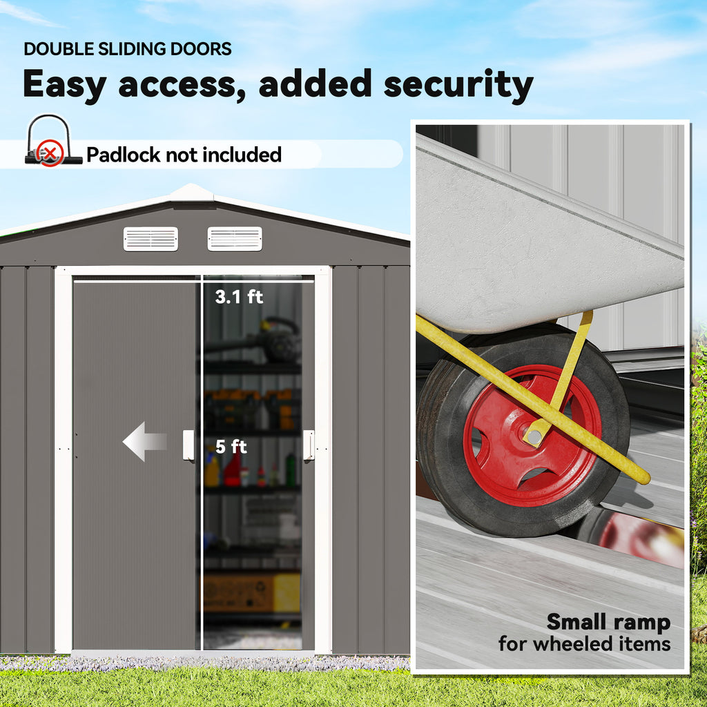 9' x 6' Outdoor Storage Shed, Garden Tool Metal Shed with Foundation Kit, Light Gray