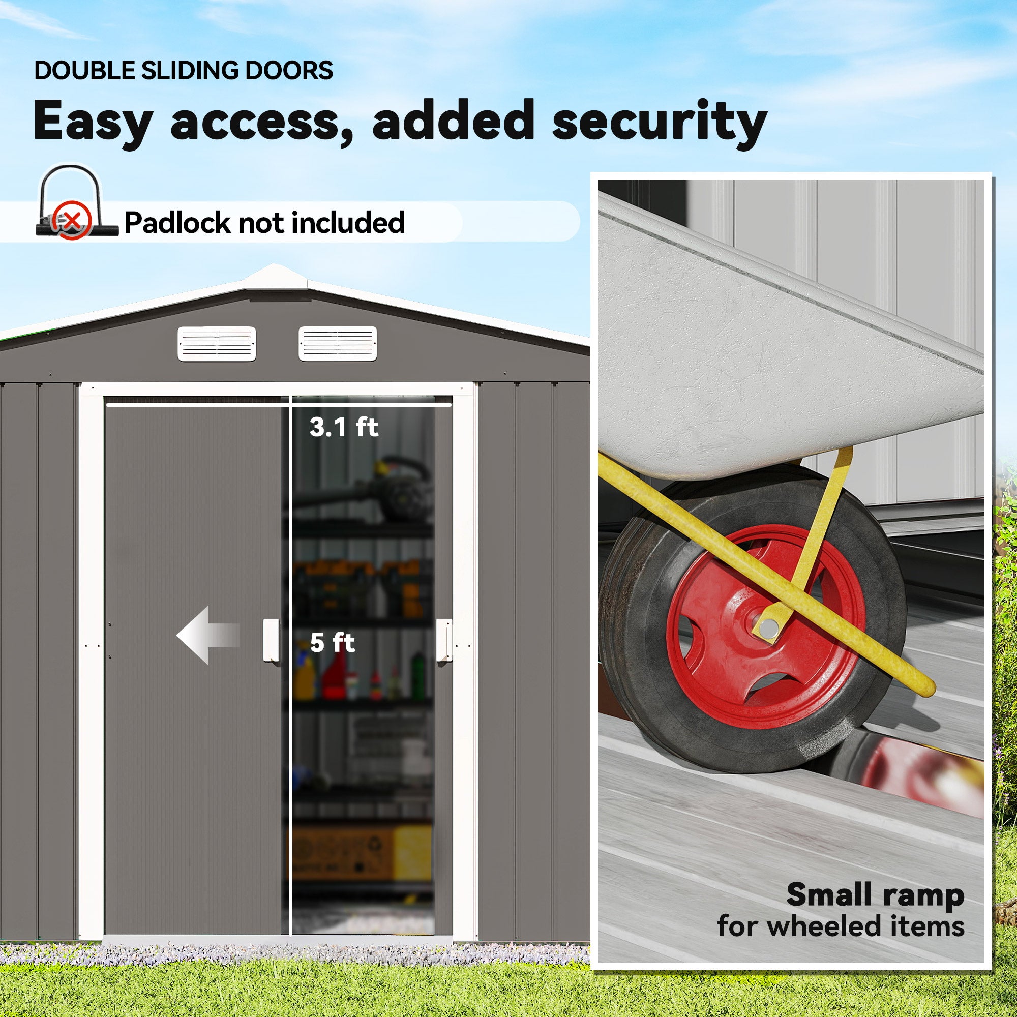 9' x 6' Outdoor Storage Shed, Garden Tool Metal Shed with Foundation Kit, Light Gray