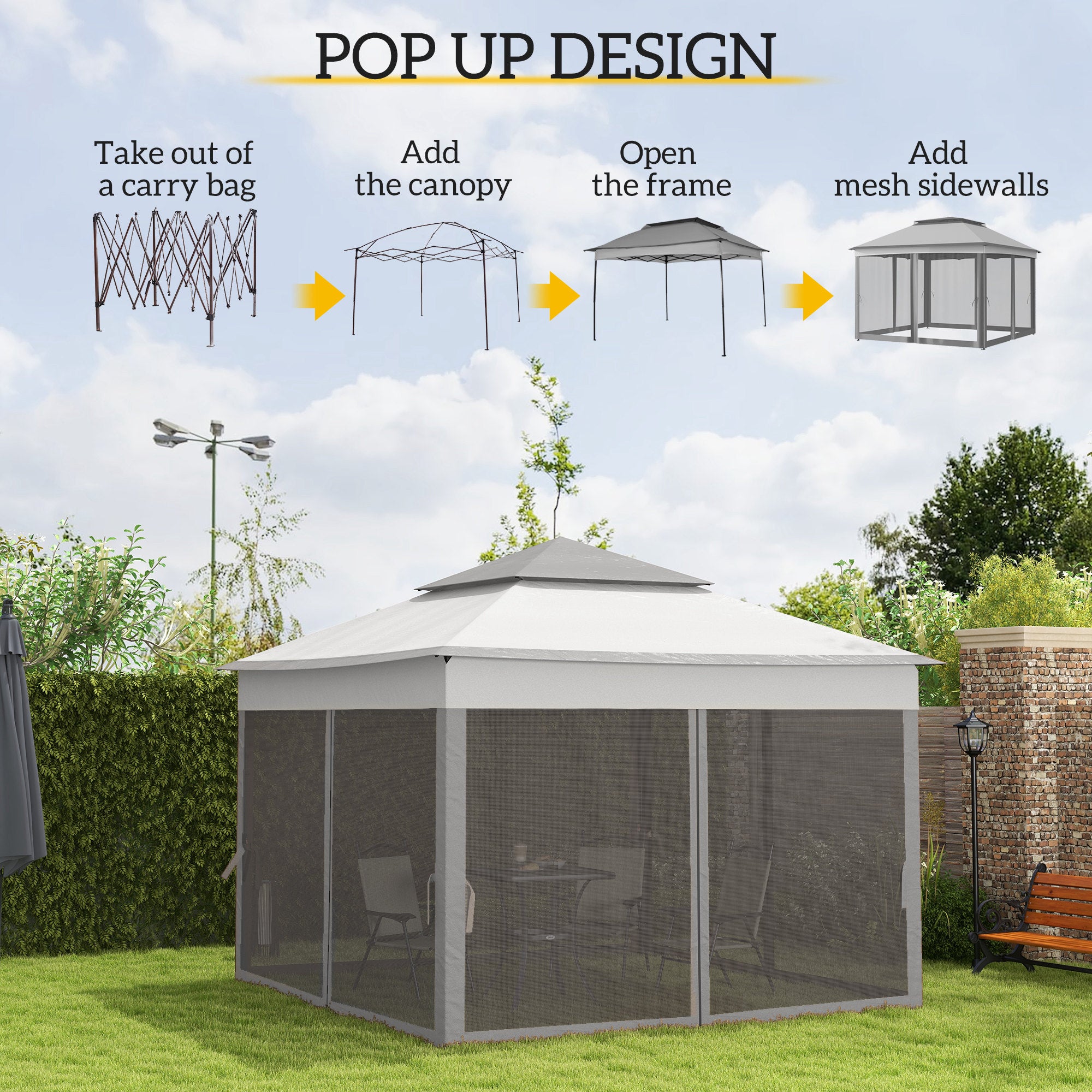 11x11 Canopy Gazebo, Portable Outdoor Patio Shelter with Zipper Mesh Privacy Netting, Carry Bag Included, for Family Use, Light Gray
