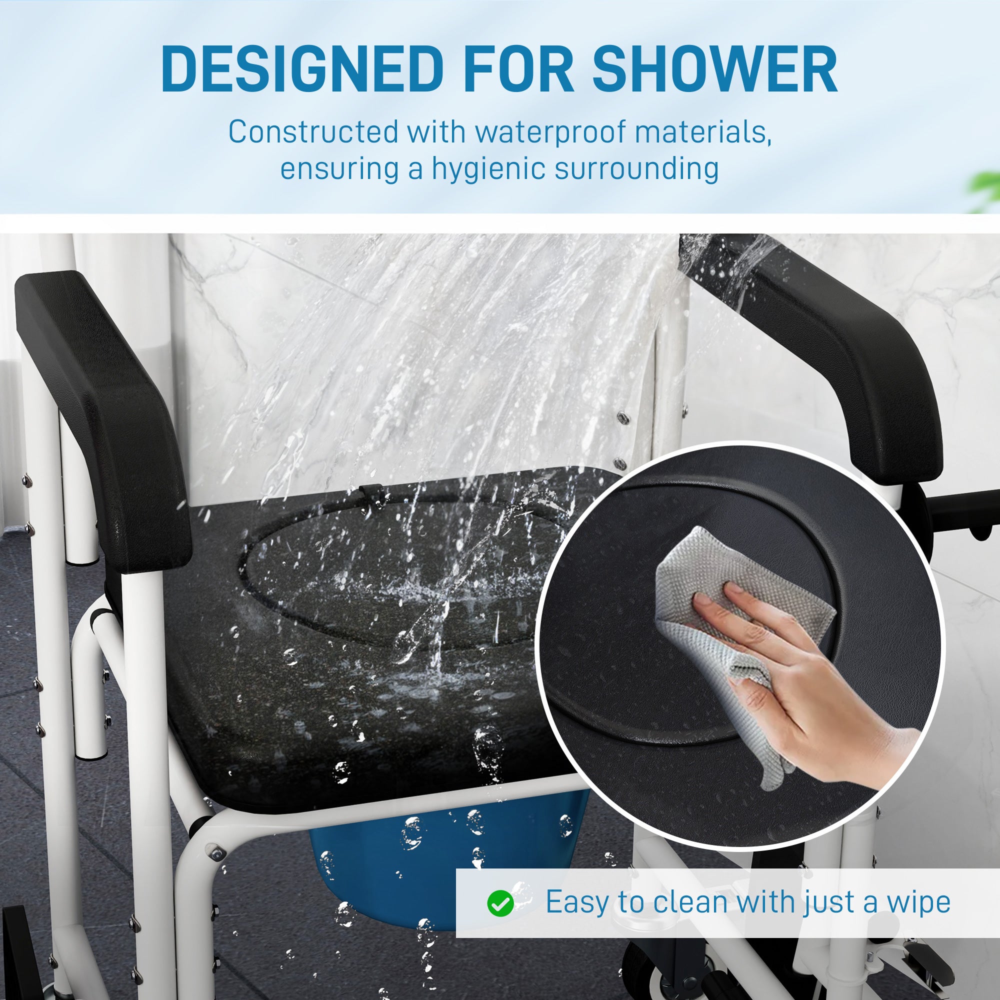 Rolling Shower Wheelchair for Seniors, Bedside Commode Chair with Locking Wheels, Seat, Backrest, Arms, Black
