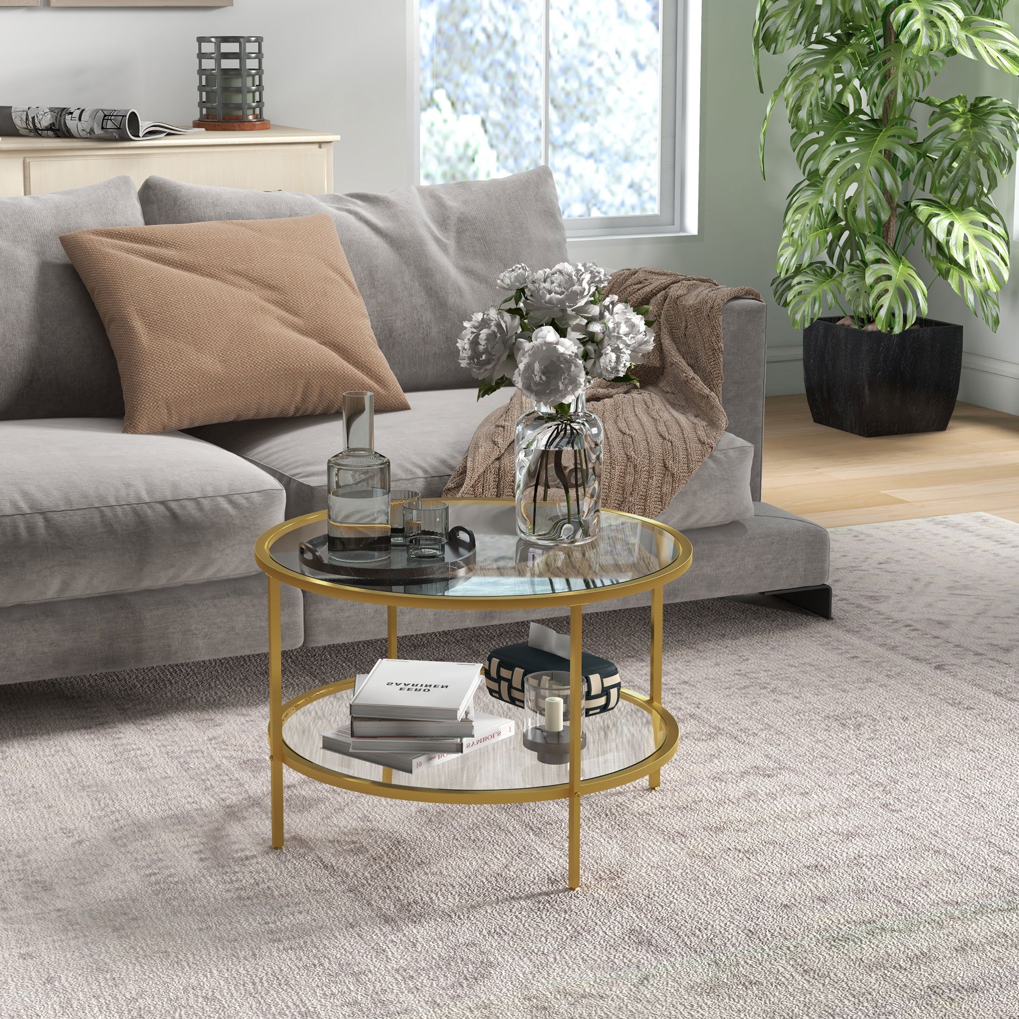 Side Table with Storage, 26" Round End Table, 2-Tier Tempered Glass Coffee Table with Steel Frame for Living Room, Gold