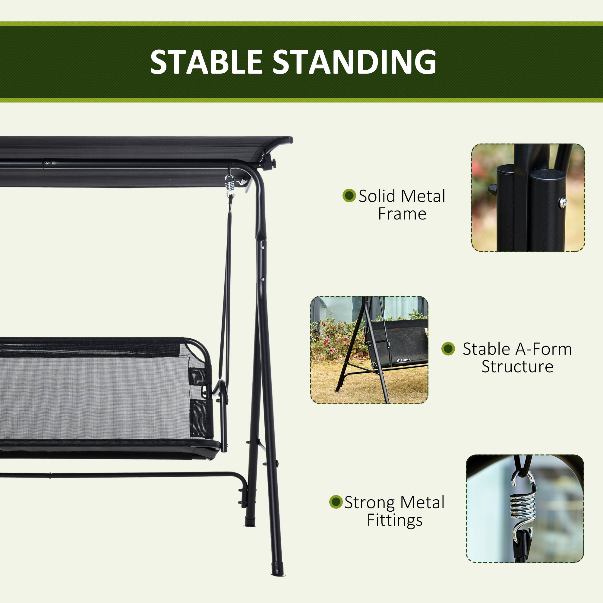 2-Seater Patio Swing Chair, Outdoor Adjustable Canopy Porch Swing with Armrests, Texeline Fabric and Steel Frame, Black