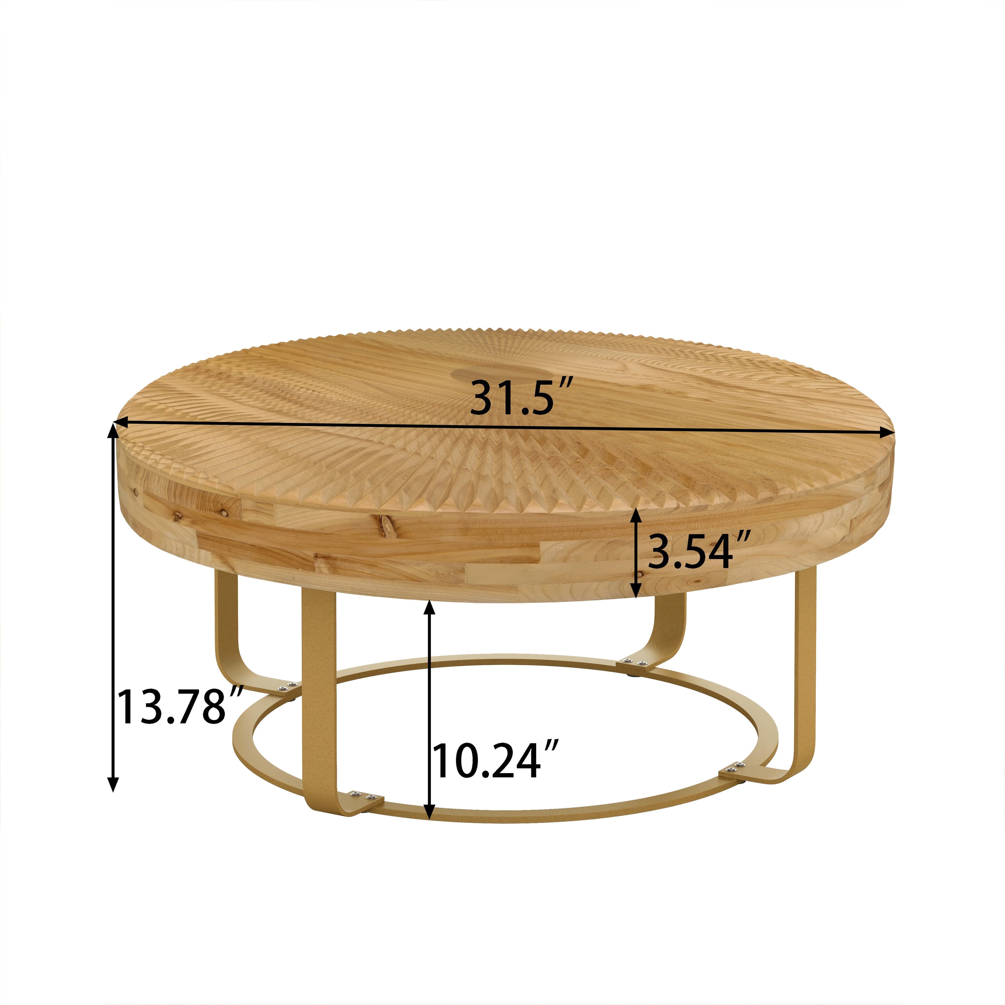 Modern Round Coffee Table, Wooden Carving Pattern with Metal Legs, Pine and MDF, 31.5"x31.5"x13.78", Natural+Gold
