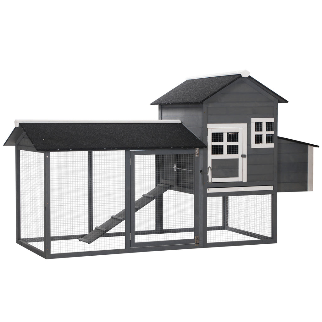 84" Wooden Chicken Coop, Hen House Outdoor with Run Nesting Box, Asphalt Roof, Removable Tray, Ramp, Poultry Cage for 2-3 Chickens, Gray