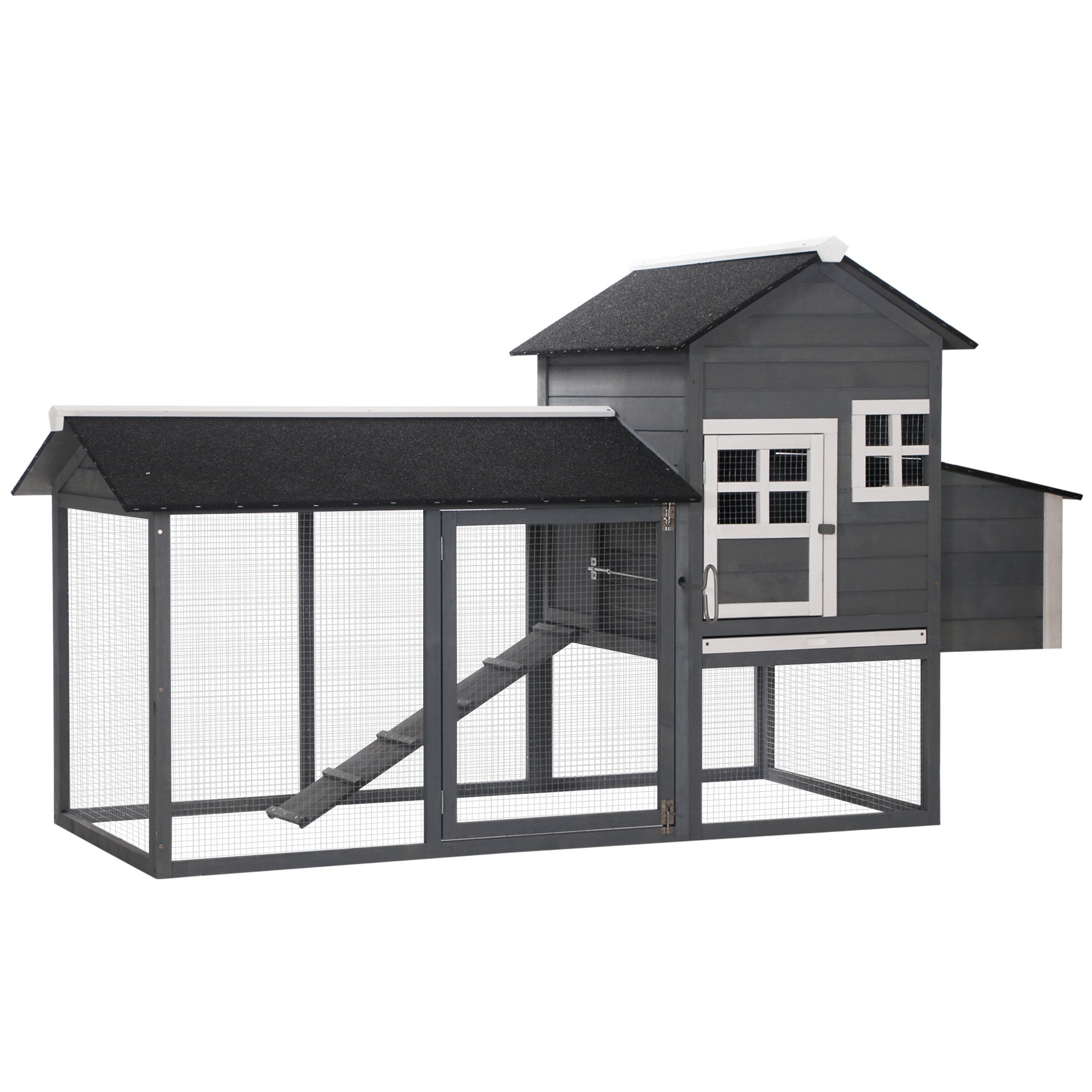 84" Wooden Chicken Coop, Hen House Outdoor with Run Nesting Box, Asphalt Roof, Removable Tray, Ramp, Poultry Cage for 2-3 Chickens, Gray