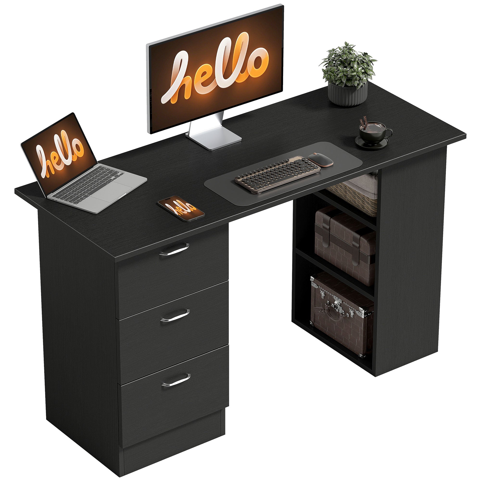 47" Home Office Computer Desk Bookcase Combo, Writing Table Workstation with 3 Drawer and Storage Shelf - Black