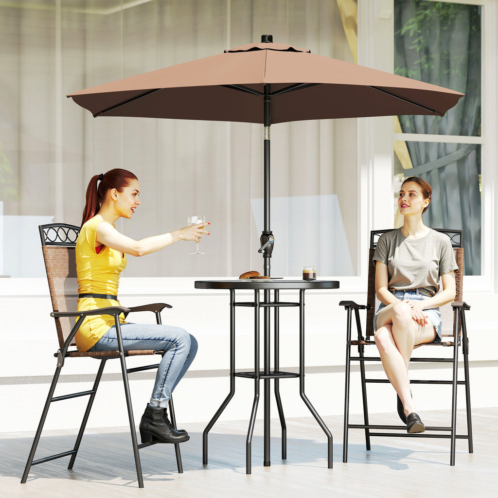 4 Piece Outdoor Bar Set with Umbrella, Patio Dining Set with 2 Folding Chairs, Wave Textured Tempered Glass Table for Backyard, Garden, Deck, Poolside, Brown