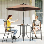 4 Piece Outdoor Bar Set with Umbrella, Patio Dining Set with 2 Folding Chairs, Wave Textured Tempered Glass Table for Backyard, Garden, Deck, Poolside, Brown