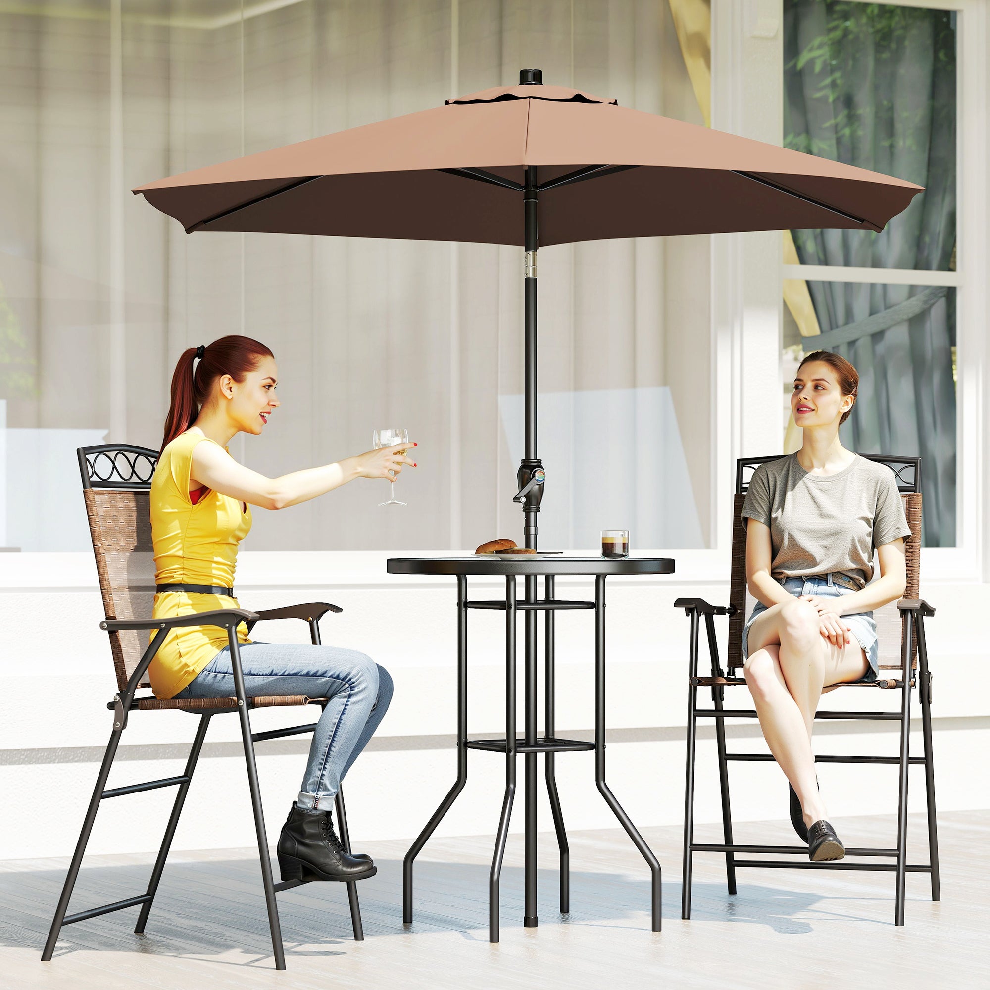 4 Piece Outdoor Bar Set with Umbrella, Patio Dining Set with 2 Folding Chairs, Wave Textured Tempered Glass Table for Backyard, Garden, Deck, Poolside, Brown