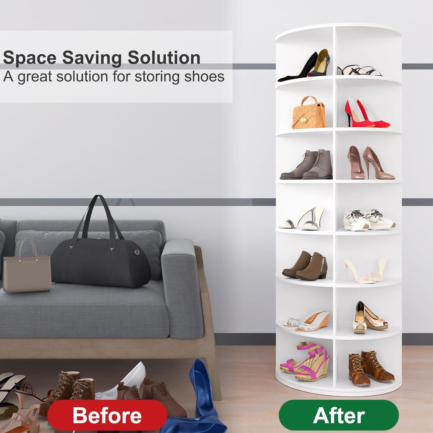 7-Tier Rotating Shoe Rack Tower with Sturdy Construction, 360-Degree Shoe Display with 28-Pair Capacity, 23.5" L x 23.5" W x 63.5" H, White