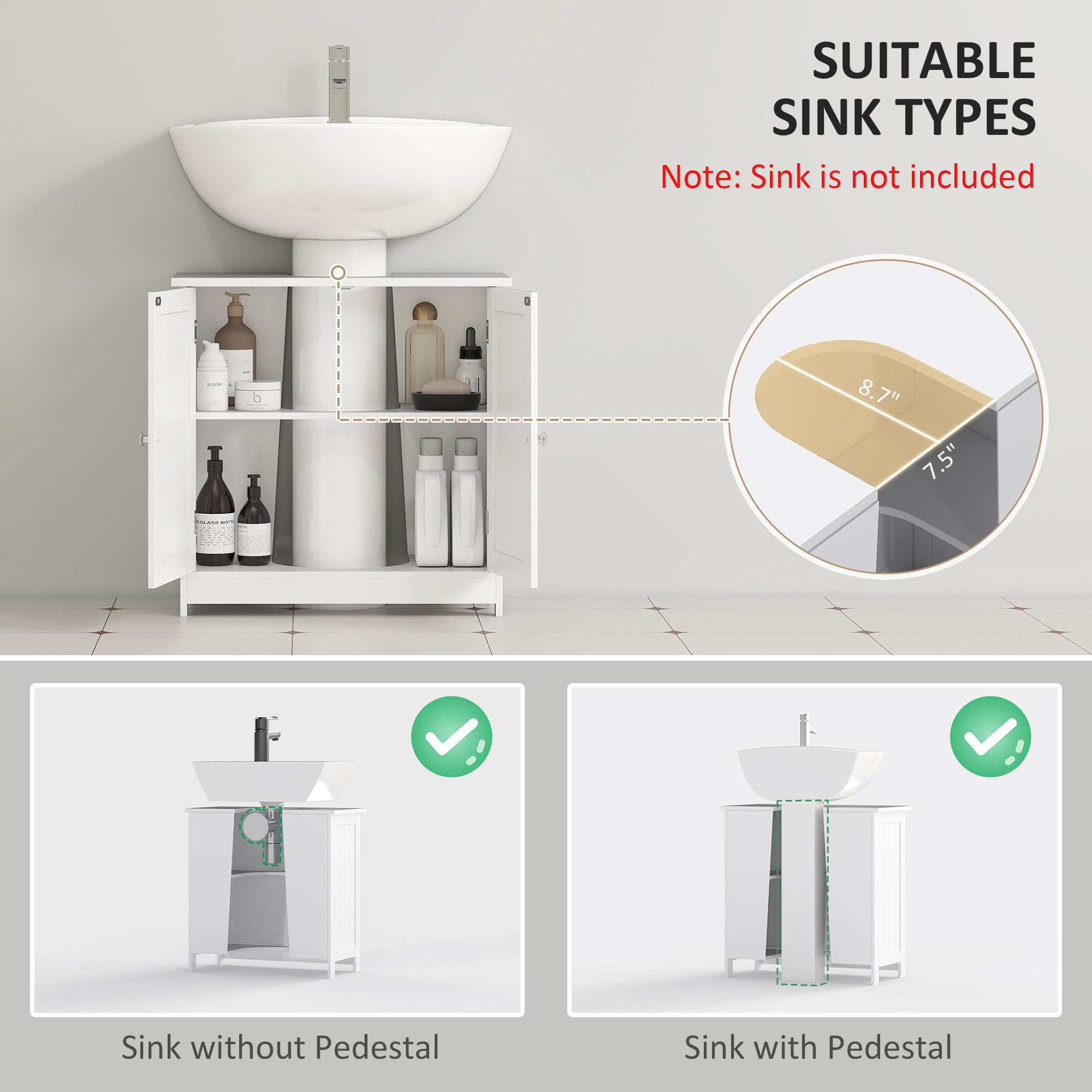 24" Under Sink Storage Cabinet with 2 Doors and Shelves, Pedestal Sink Bathroom Vanity Furniture, White