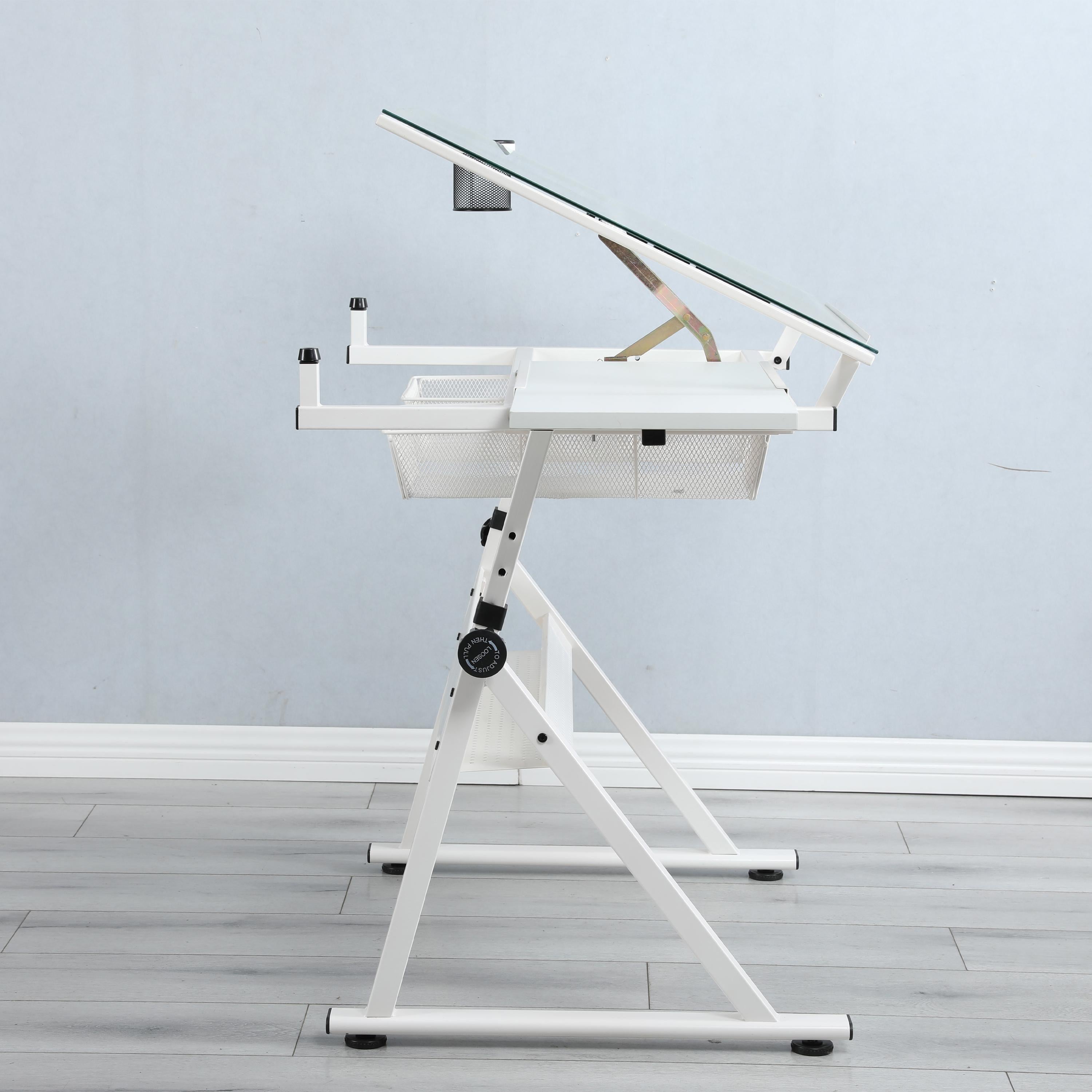 Adjustable Tempered Glass Drafting Table with 2 Metal Drawers, Chair, Powder-Coated Steel Frame Desk for Kids, 40" L x 23.5" W x 27.5" H, White