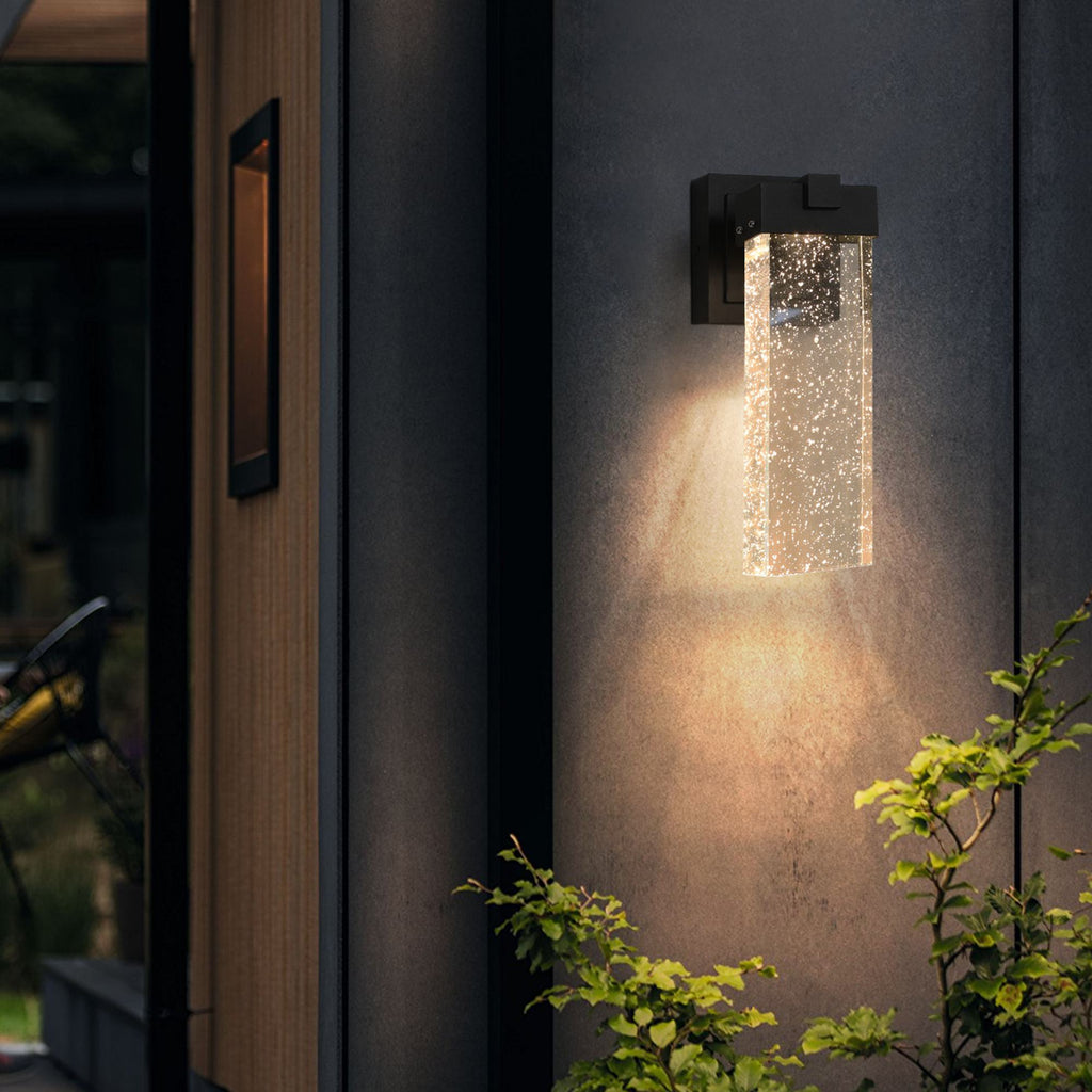 2-Pack Outdoor Wall Light Fixture with Bubble Crystal and Light Sensor, Weatherproof LED Wall Sconce, 12W Per Lamp, 3.5" L x 4.5" W x 12" H, Black