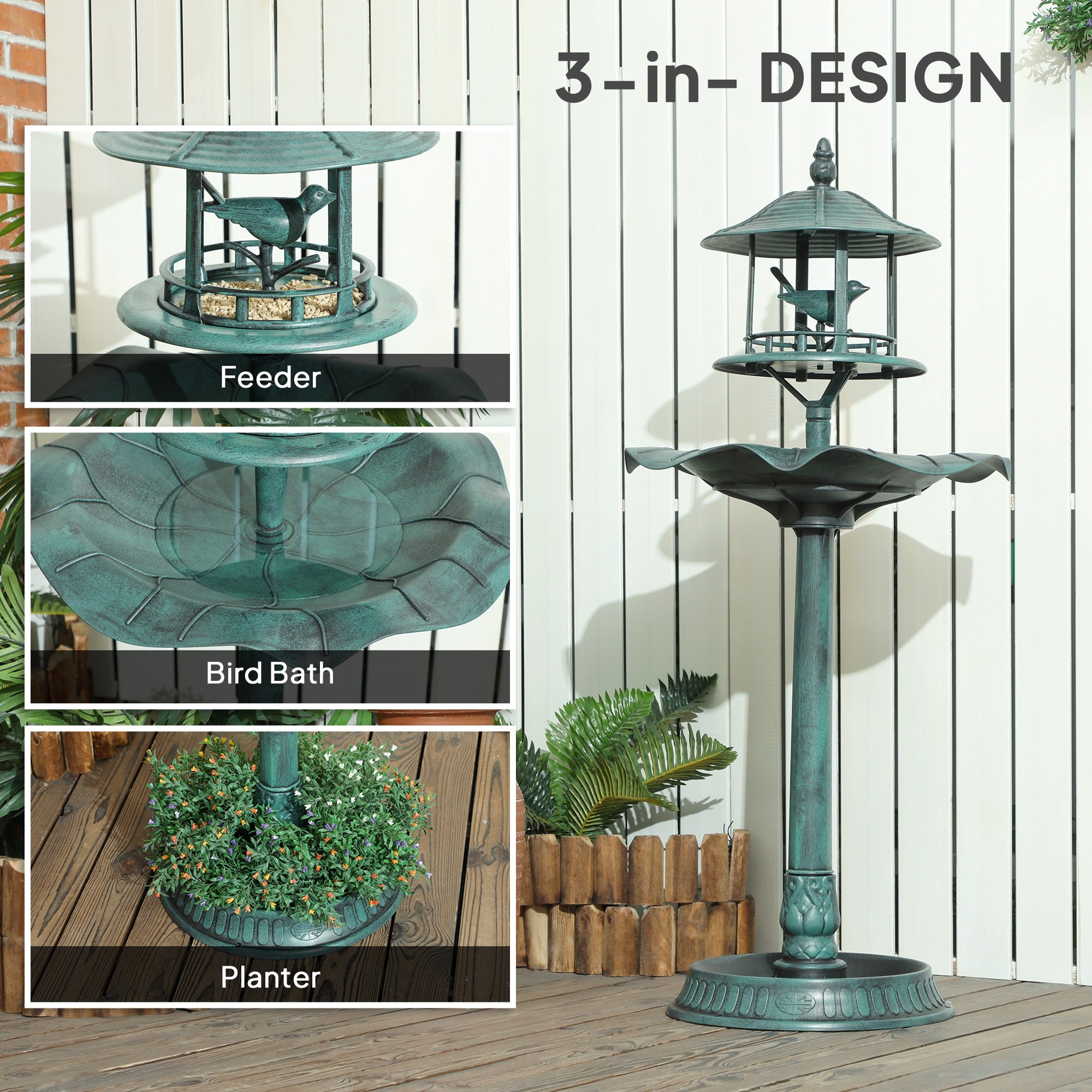 3 in 1 Garden Bird Bath Bowl Pedestal with Bird Feeder, Large Water Basin, Underneath Flower Planter, Green