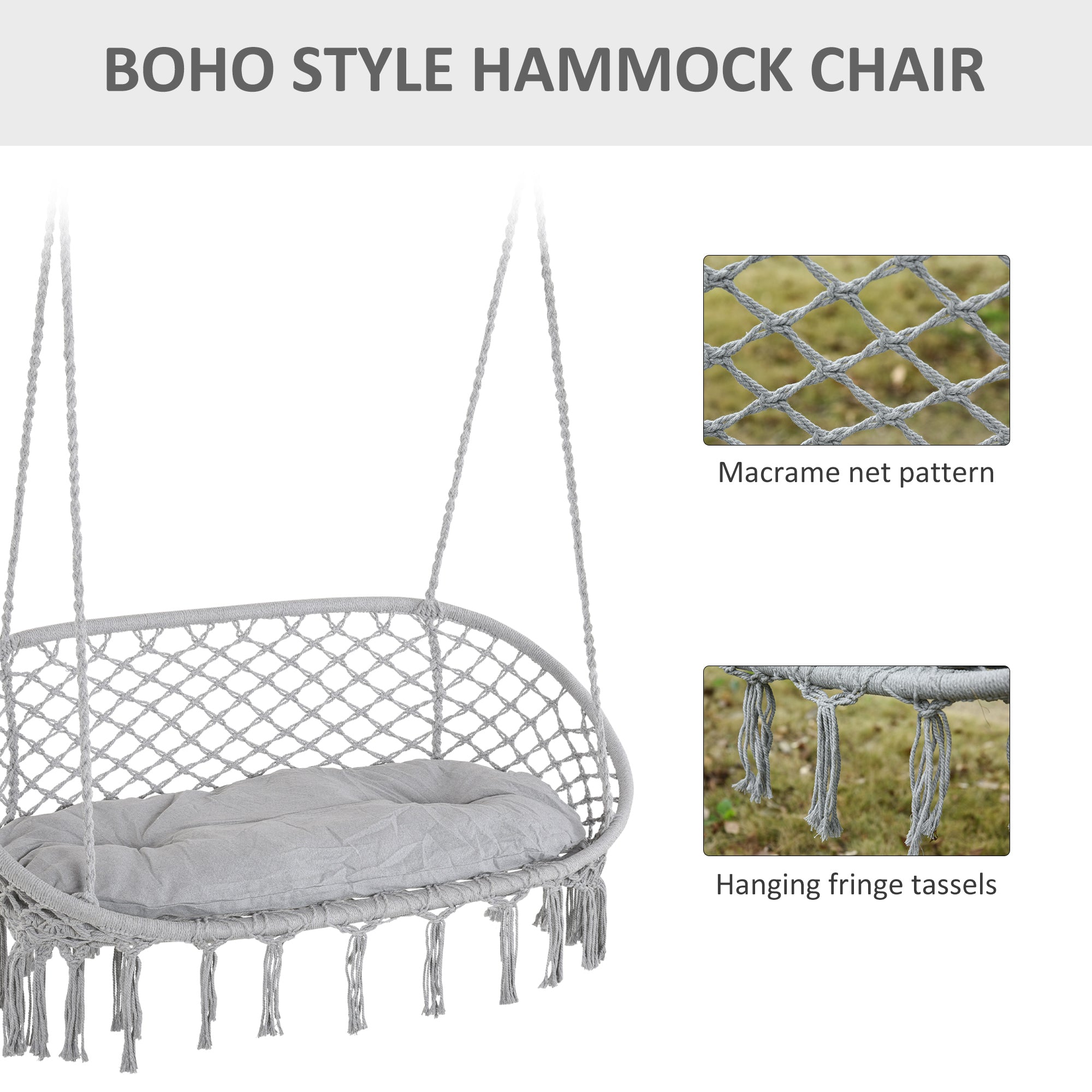 2-Person Hammock Chair Macrame Swing with Soft Cushion, Hanging Cotton Rope Chair for Indoor Outdoor Home Patio Backyard, Light Gray