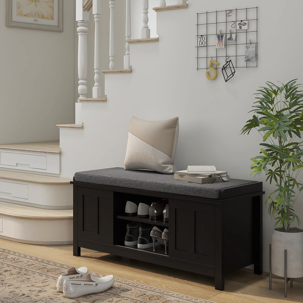 Modern Shoe Storage Bench, Entry Way Bench with Cushion, 2 Sliding Doors, Storage Ottoman Bench, Holds 10 Pairs, Black