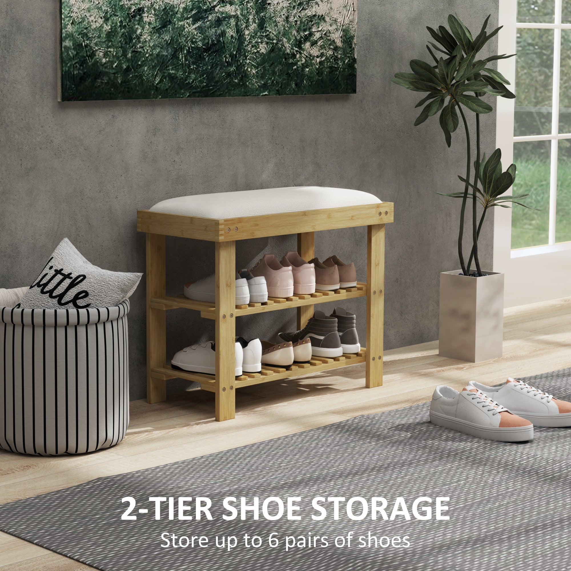 Bamboo Shoe Storage Bench, 3-Tier Entryway Bench with Cushion, Shoe Organizer for Entryway, Hallway, Natural
