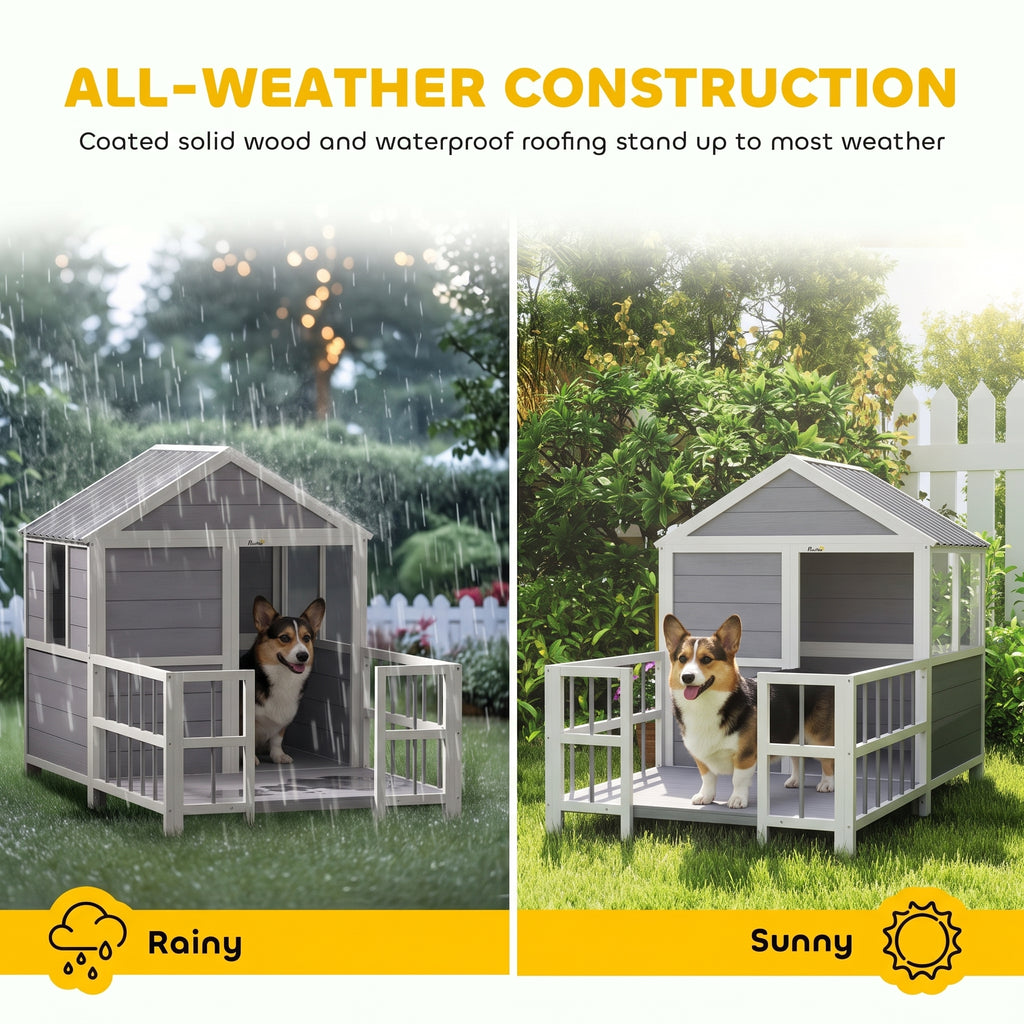 Outdoor Dog House, 61"L Wooden Dog House with Porch, Weatherproof Roof, Elevated Base, Air Vents & Observation Windows
