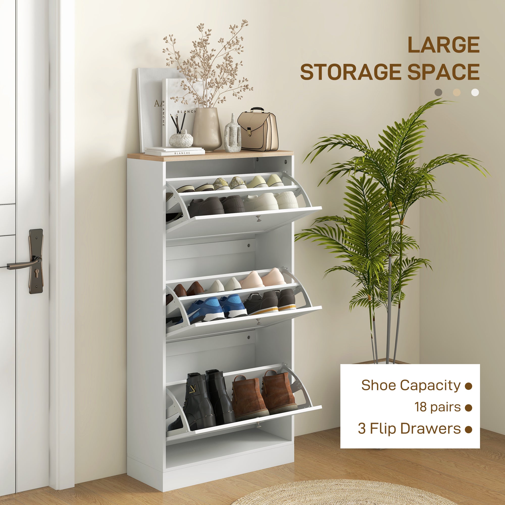Modern Shoe Storage Cabinet with 3 Flip Drawers and Adjustable Shelves for 12-18 Pairs of Shoes, White