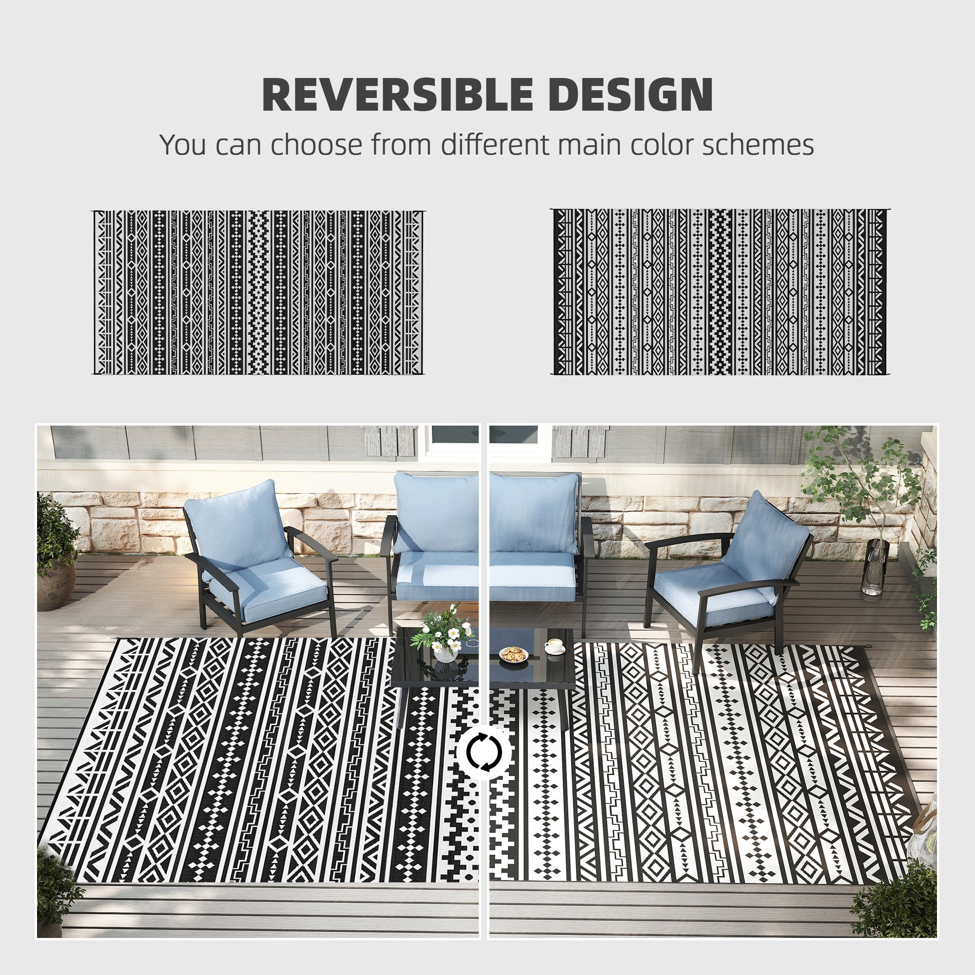 Reversible Outdoor Rug, Waterproof Plastic Straw with Carry Bag, 9' x 18', Black & White Geometric Wall
