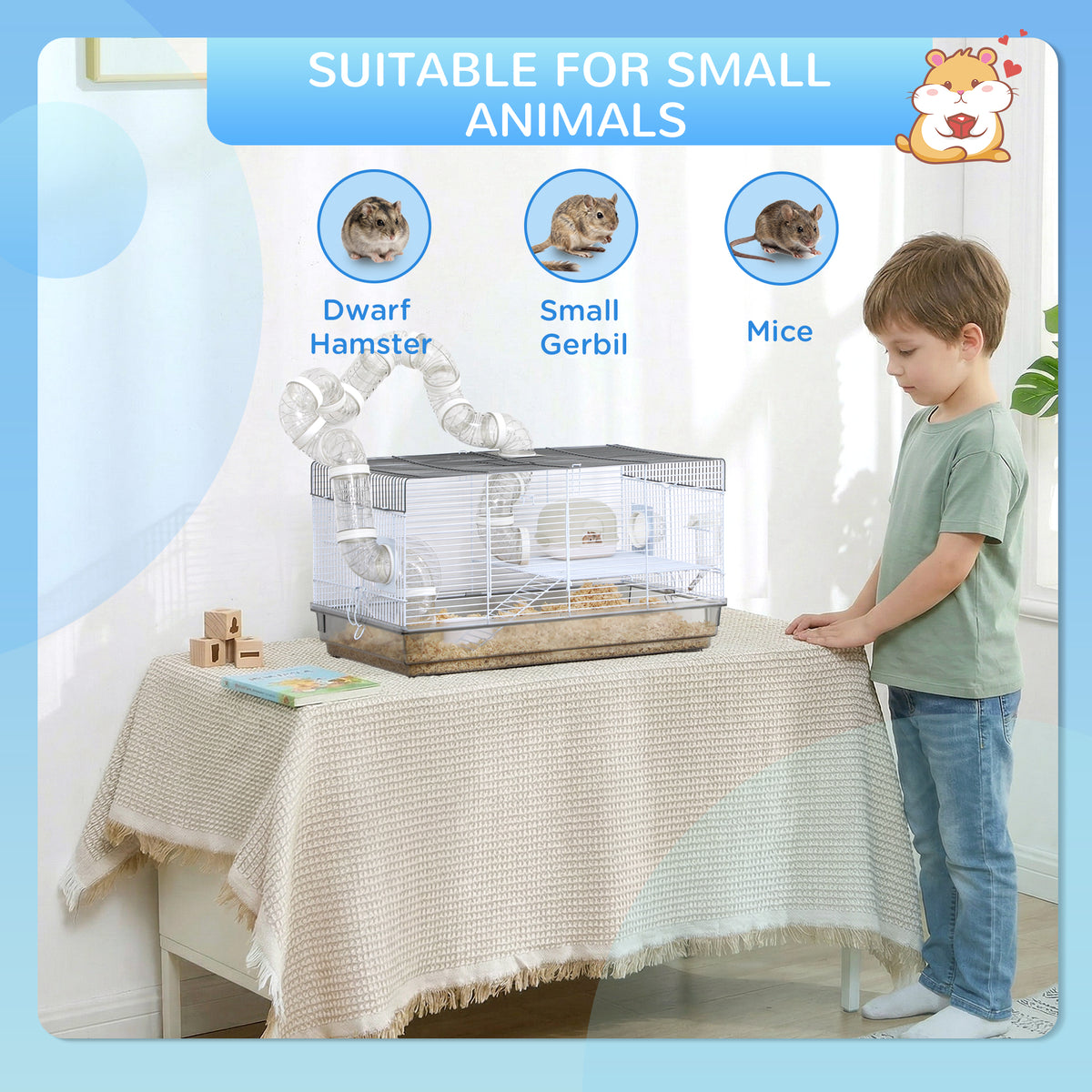 Small Animal Cage for Gerbil or Dwarf Hamster w/ Tubes, Exercise Wheel, Food Dish, Water Bottle, 23" x 13" x 12", Gray