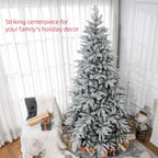 8ft Artificial Flocked Christmas Tree with Snow Tips, Easy Assembly, Hinged Xmas Tree for Home Office Holiday