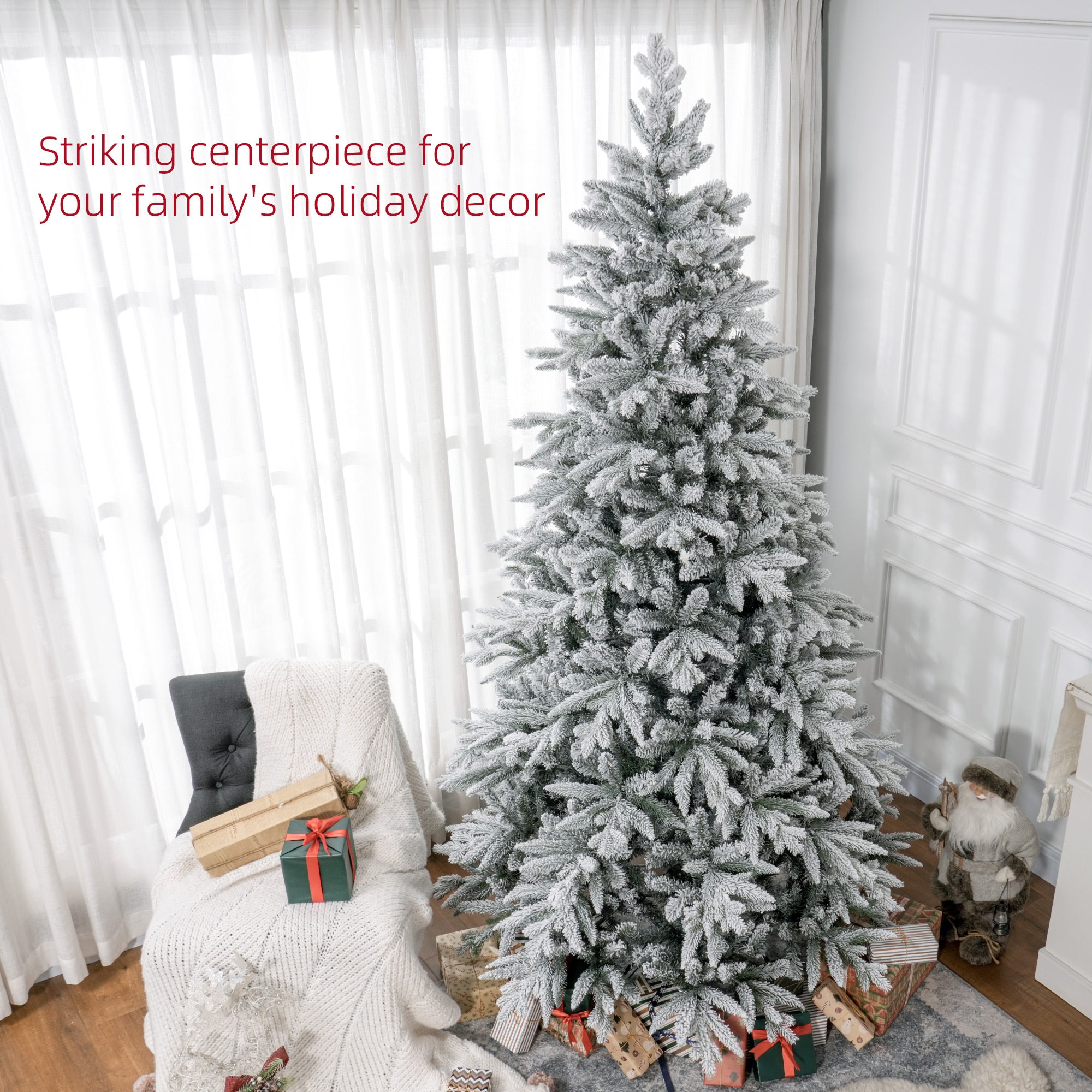8ft Artificial Flocked Christmas Tree with Snow Tips, Easy Assembly, Hinged Xmas Tree for Home Office Holiday