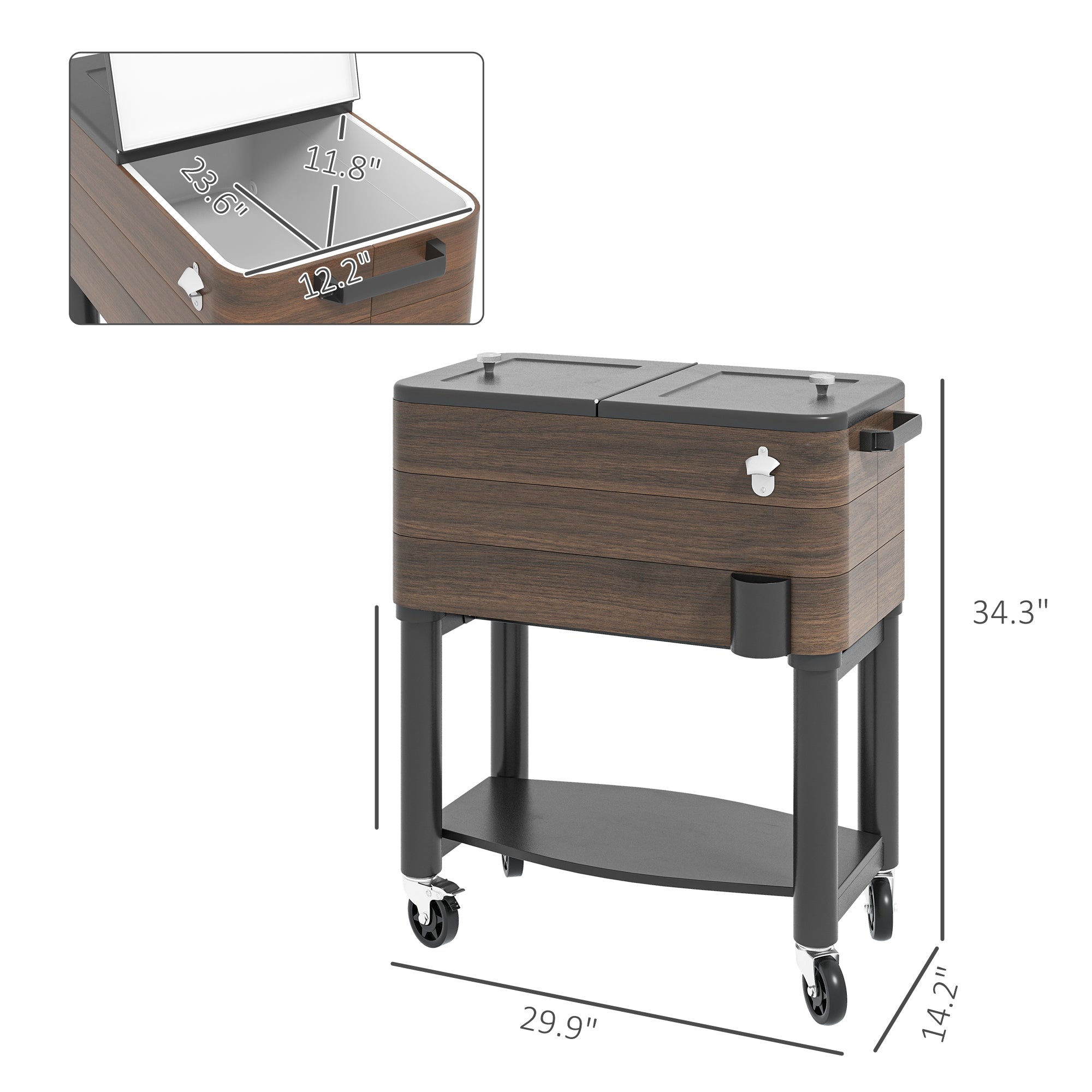 60 Quart Outdoor Cooler Cart, Rolling Ice Chest with Bottom Shelf and Bottle Opener for Backyard, Deck, Poolside Party