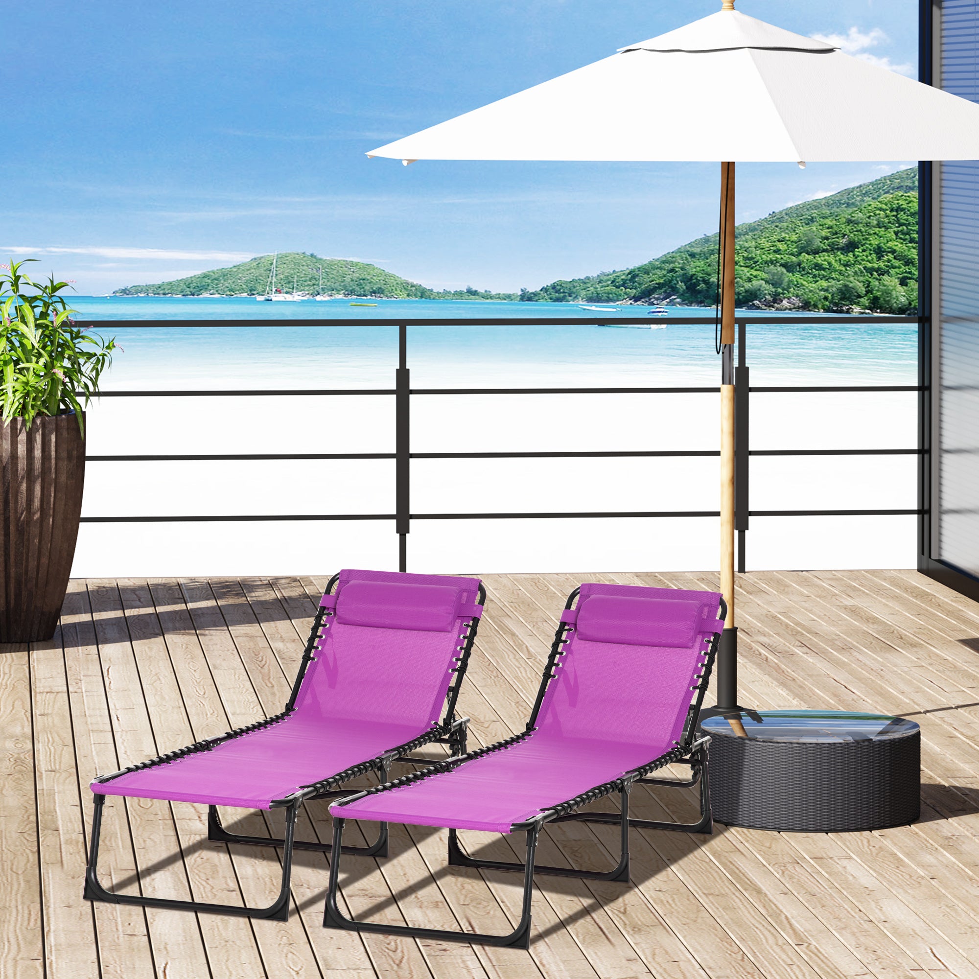 Set of 2 Folding Chaise Lounge Chairs, Outdoor Sun Tanning Chairs with Reclining Back, Purple