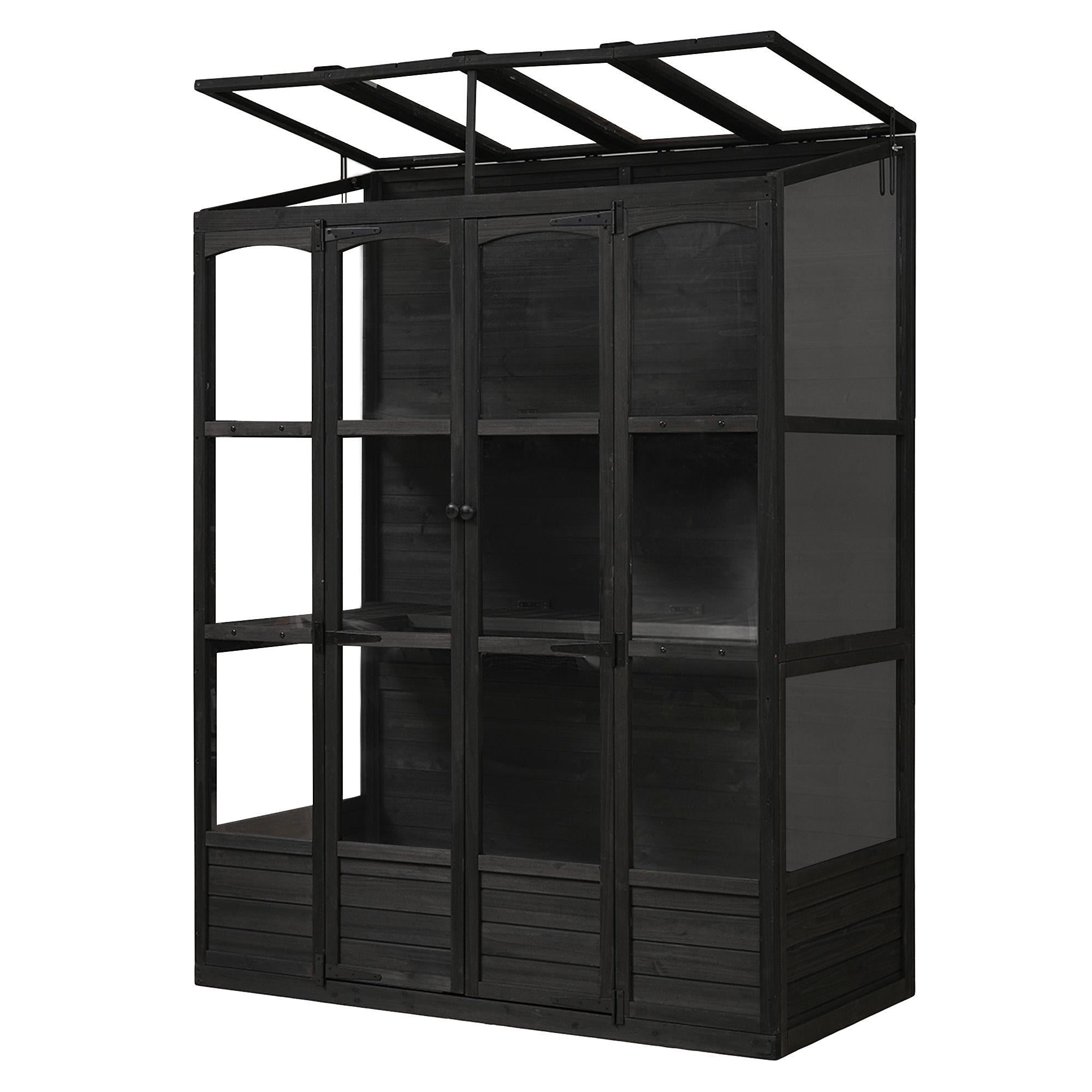Walk-In Wooden Greenhouse with 2 Folding Shelf & 4 Skylight, Sturdy Fir Wood Cold Frame for Backyard, 58'' L x 29'' W x 78'' H, Black