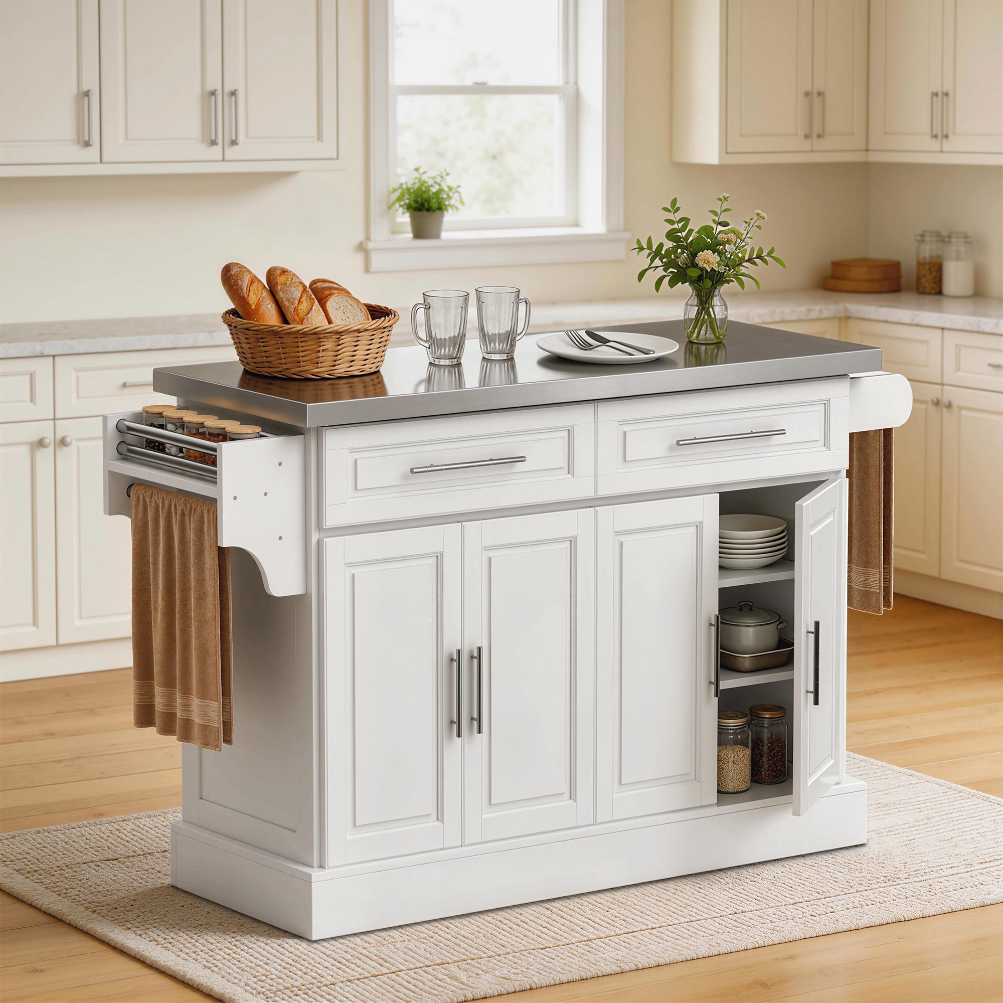 Rolling Kitchen Island Cart with 47" Stainless Steel Top, Portable Island Table for Kitchen with Wheels, Adjustable Shelves, 2 Drawers, Spice, Knife and Towel Rack, White